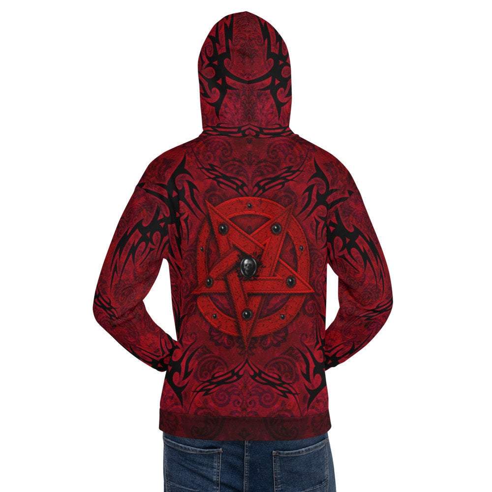 Red Pentagram Hoodie, Black Metal Streetwear, Gothic Sweater, Satanic Goth Outfit, Alternative Clothing, Unisex - Black and Red, 2 Colors - Abysm Internal