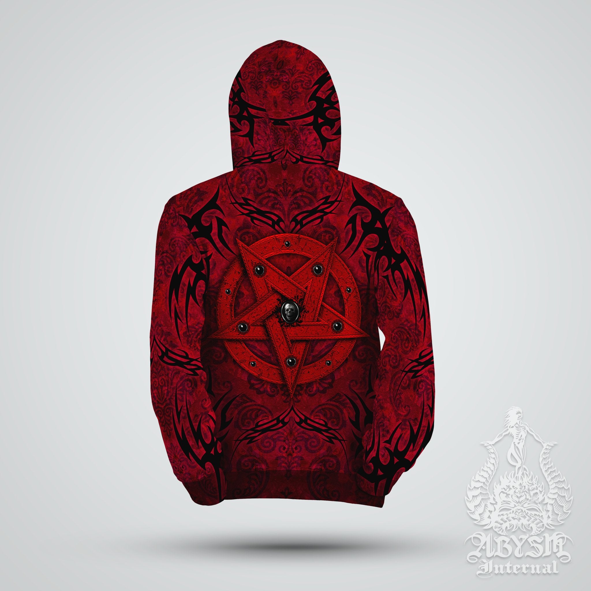 Red Pentagram Hoodie, Black Metal Streetwear, Gothic Sweater, Satanic Goth Outfit, Alternative Clothing, Unisex - Black and Red, 2 Colors - Abysm Internal