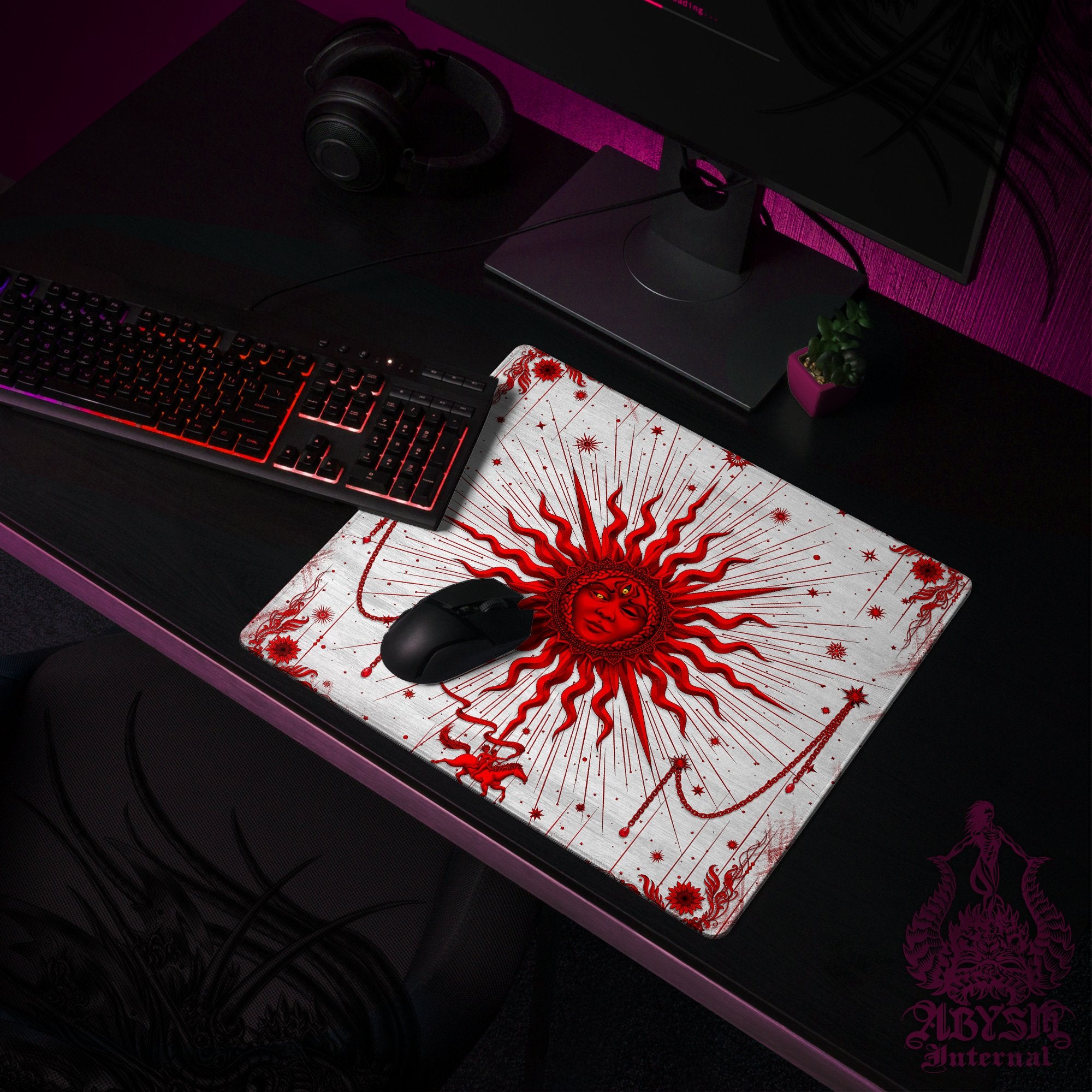 Red Sun Mouse Pad, White Goth Gaming Desk Mat, Tarot Arcana Workpad, Witch Table Protector Cover, Esoteric Art Print - Abysm Internal