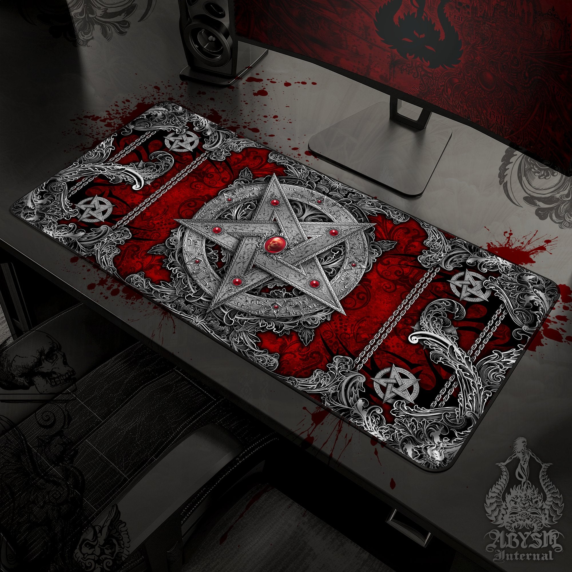 Satanic Gaming Desk Mat, Silver Pentagram Mouse Pad, Gothic Table Protector Cover, Heavy Metal Workpad, Art Print - 4 Options - Abysm Internal