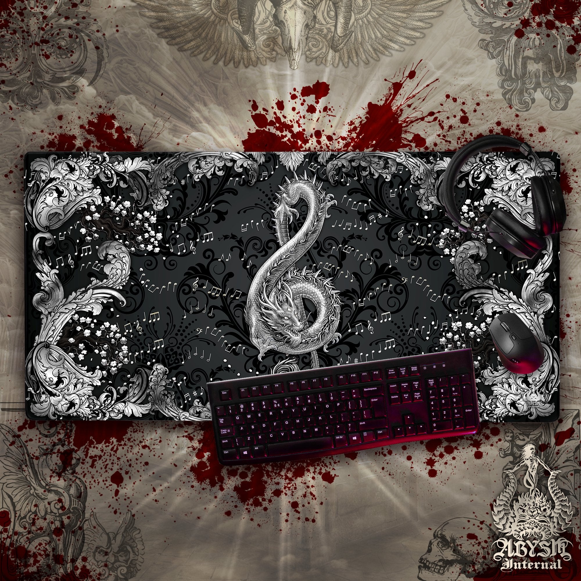 Silver Music Mouse Pad, Dragon Gaming Desk Mat, Asian Workpad, Ornamented Table Protector Cover, Treble Clef Art Print - 2 Colors - Abysm Internal