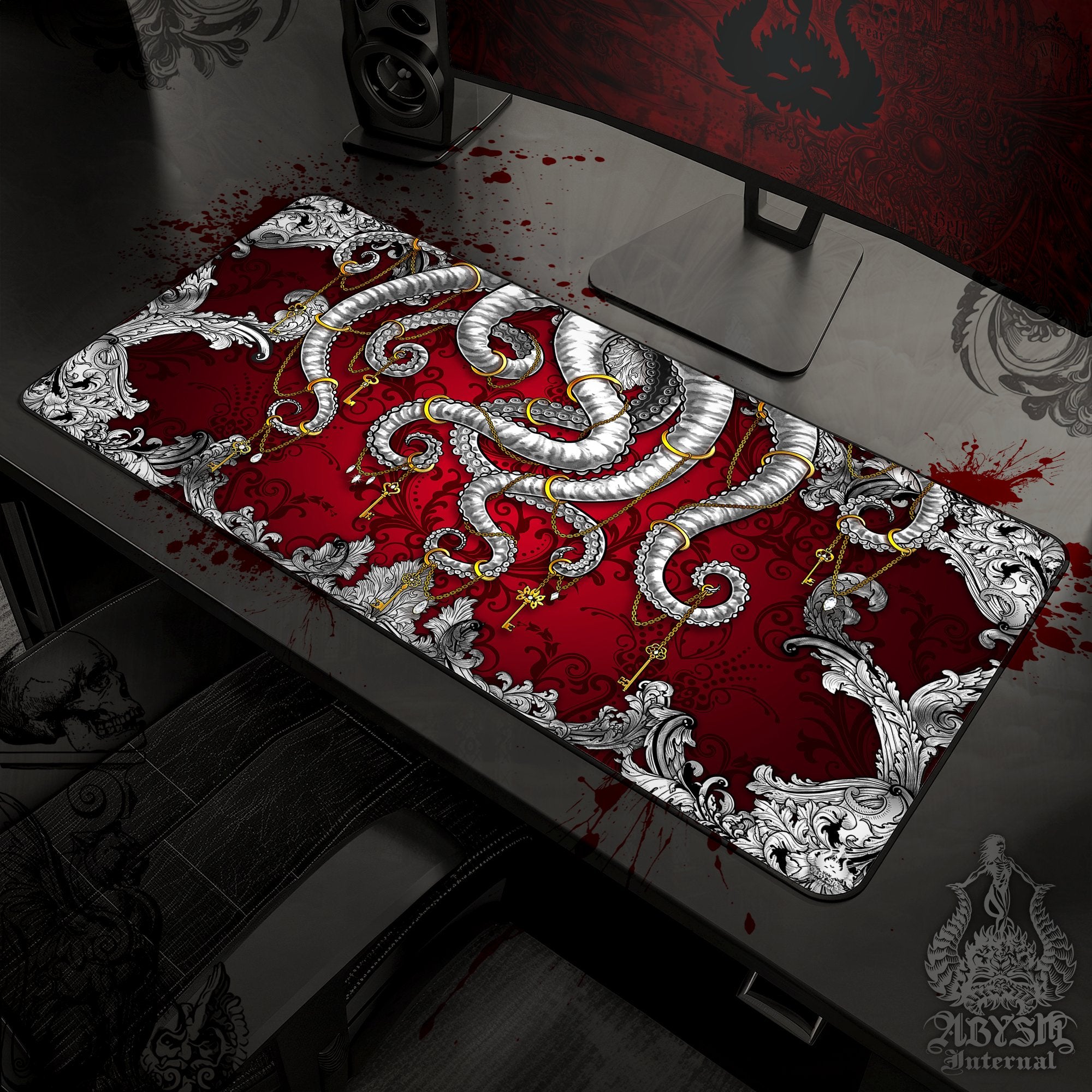 Silver Octopus Gaming Mouse Pad, Tentacles Desk Mat, Gamer Table Protector Cover, Colorful Workpad, Fantasy Art Print - 2 Colors - Abysm Internal
