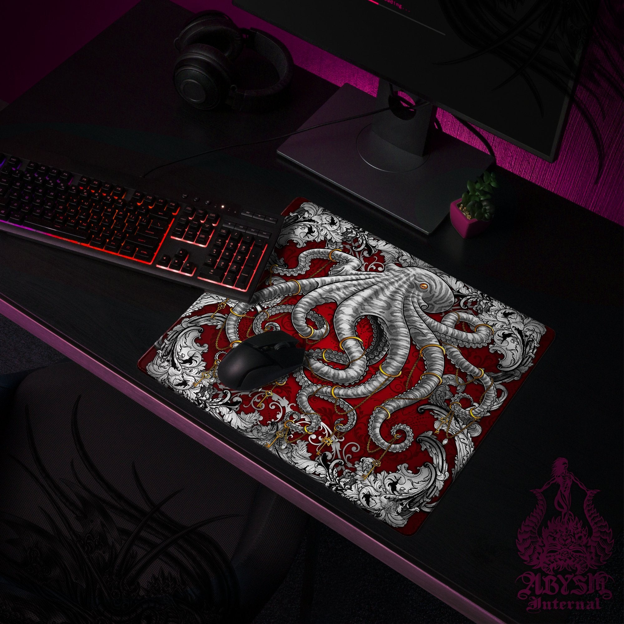 Silver Octopus Gaming Mouse Pad, Tentacles Desk Mat, Gamer Table Protector Cover, Colorful Workpad, Fantasy Art Print - 2 Colors - Abysm Internal