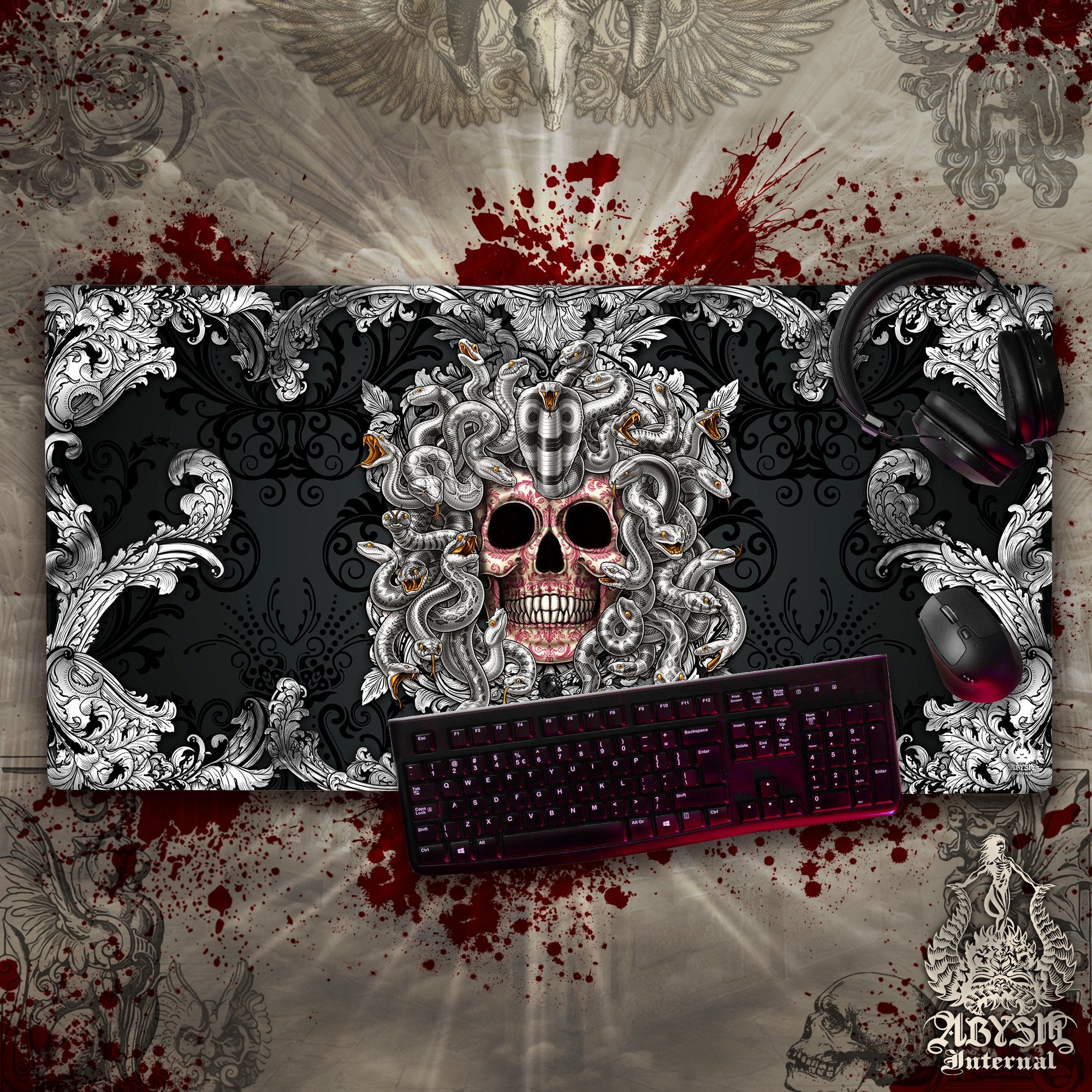 Silver Skull Desk Mat, Ornamented Gaming Mouse Pad, Gamer Table Protector Cover, Baroque Medusa Workpad, Art Print - 2 Options - Abysm Internal