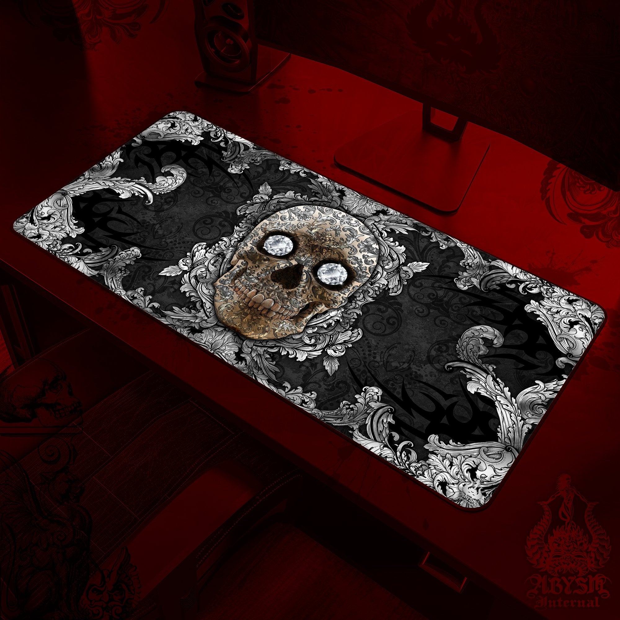 Silver Skull Gaming Desk Mat, Ornamented Mouse Pad, Vintage Table Protector Cover, Baroque Workpad, Art Print - Black - Abysm Internal