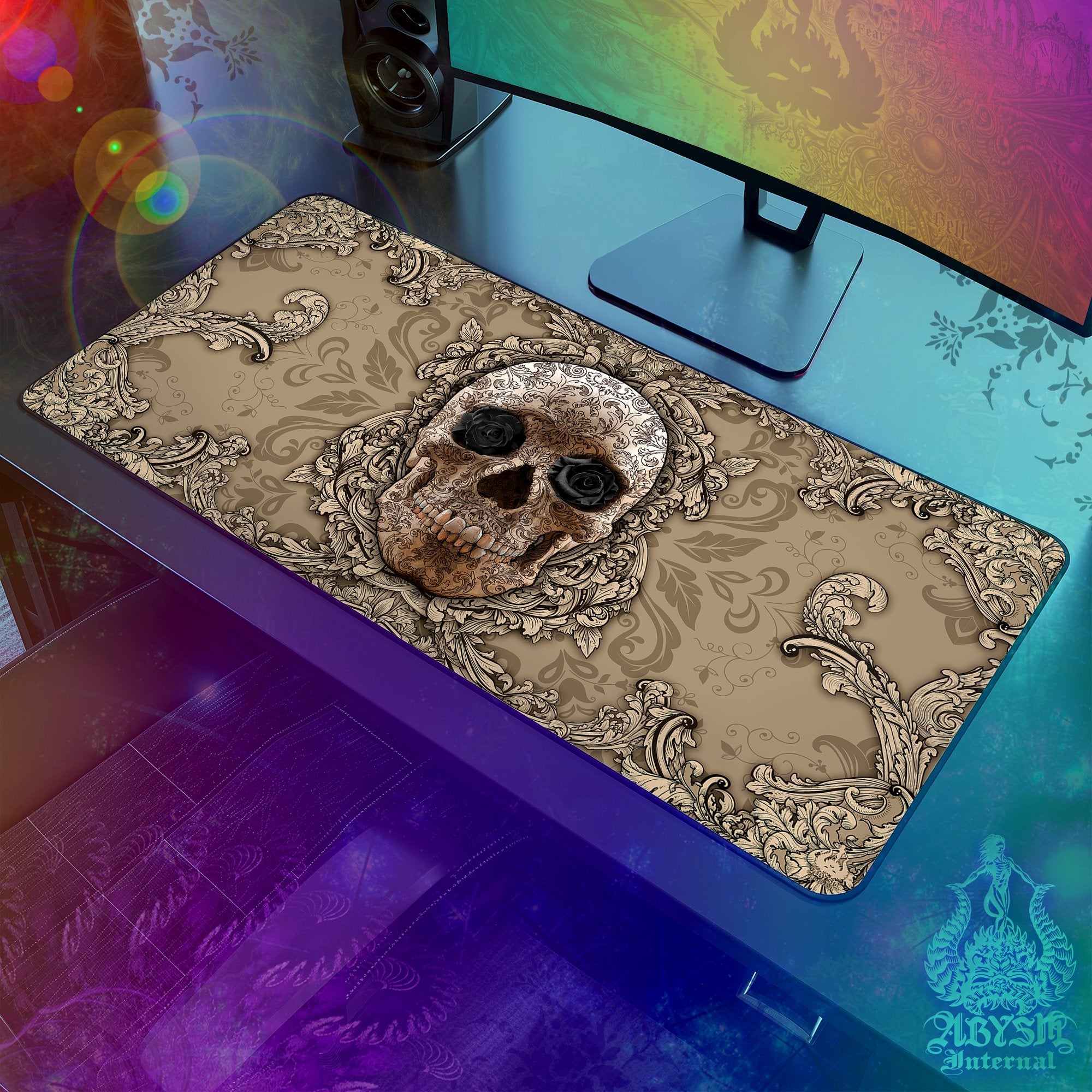Skull Gaming Mouse Pad, Cream Desk Mat, Baroque Table Protector Cover, Beige Workpad, Art Print - Abysm Internal
