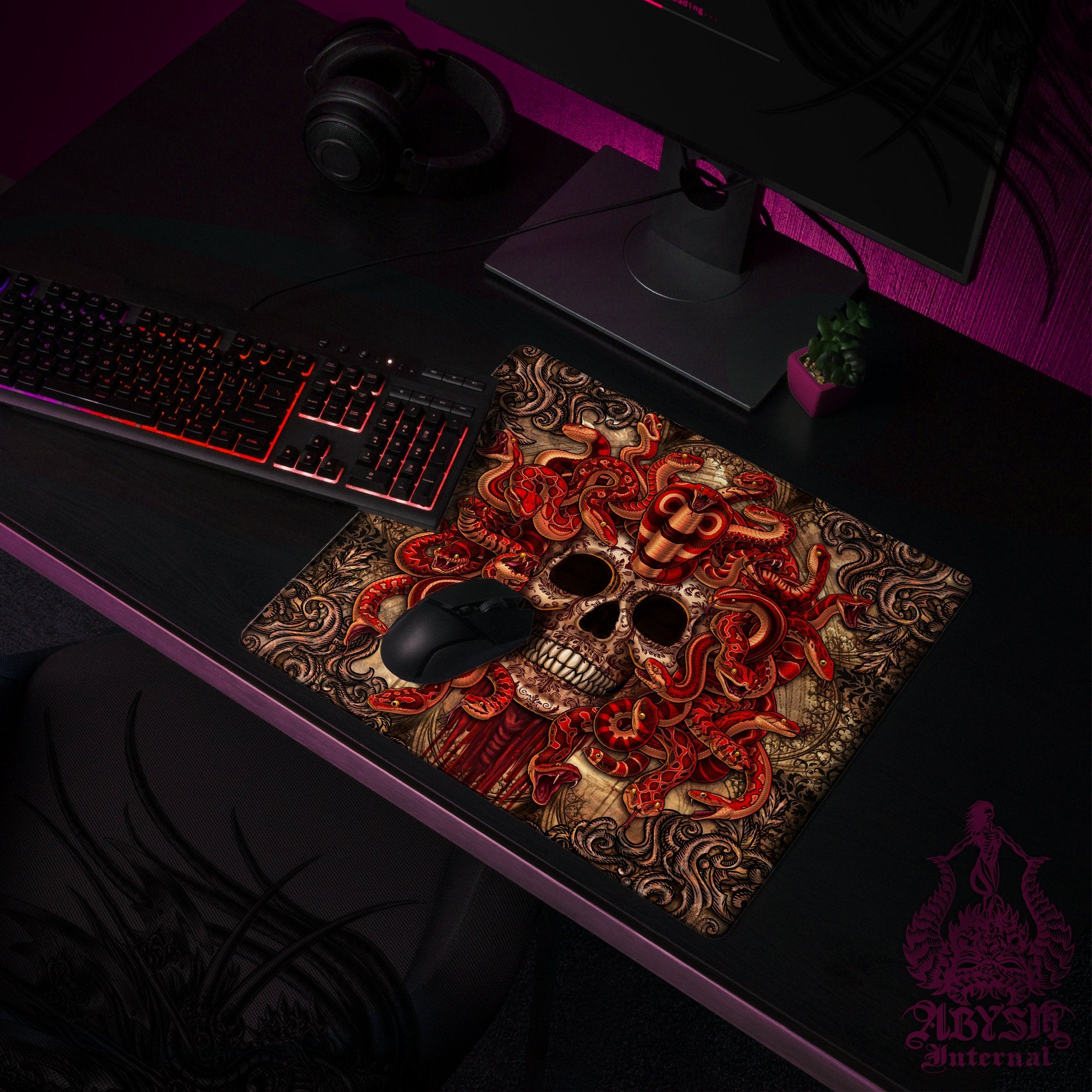 Skull Mouse Pad, Gothic Horror Gaming Desk Mat, Goth Workpad, Medusa Table Protector Cover, Dark Fantasy Art Print - Beige, 4 Face Options - Abysm Internal