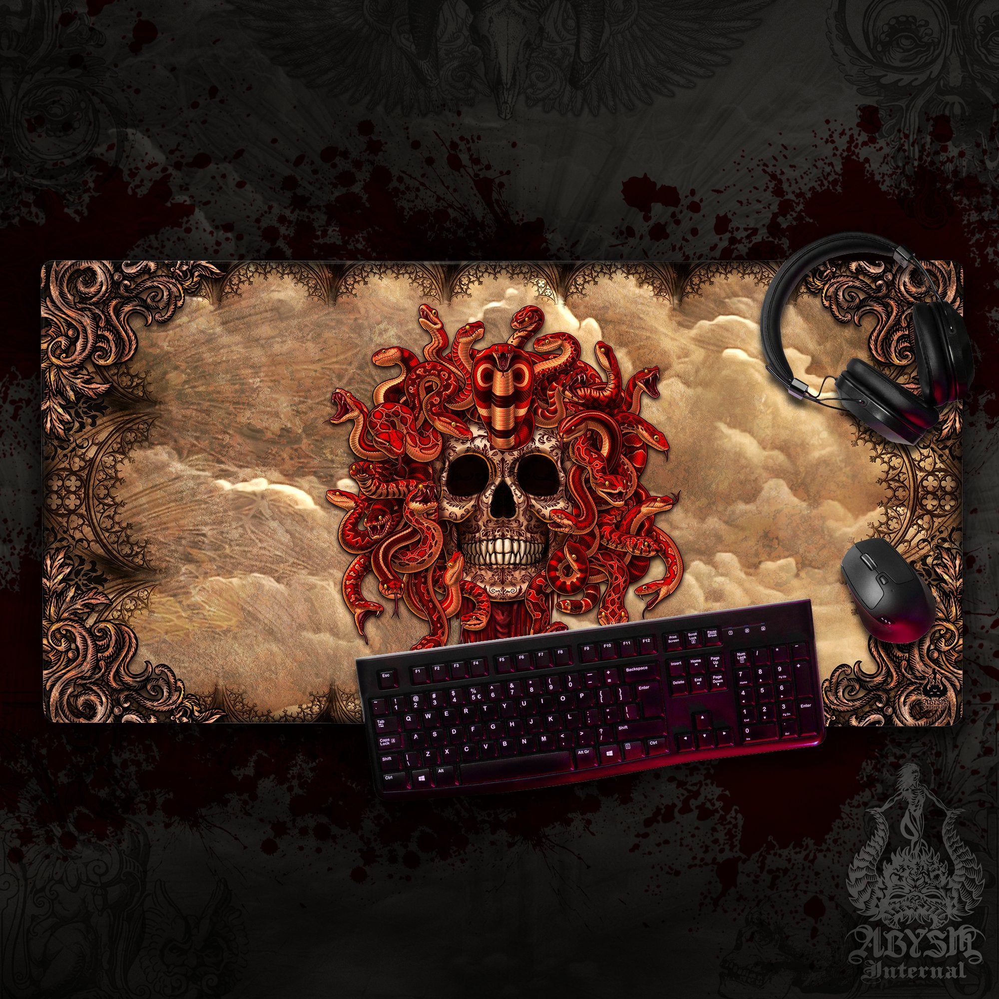 Skull Mouse Pad, Gothic Horror Gaming Desk Mat, Goth Workpad, Medusa Table Protector Cover, Dark Fantasy Art Print - Beige, 4 Face Options - Abysm Internal