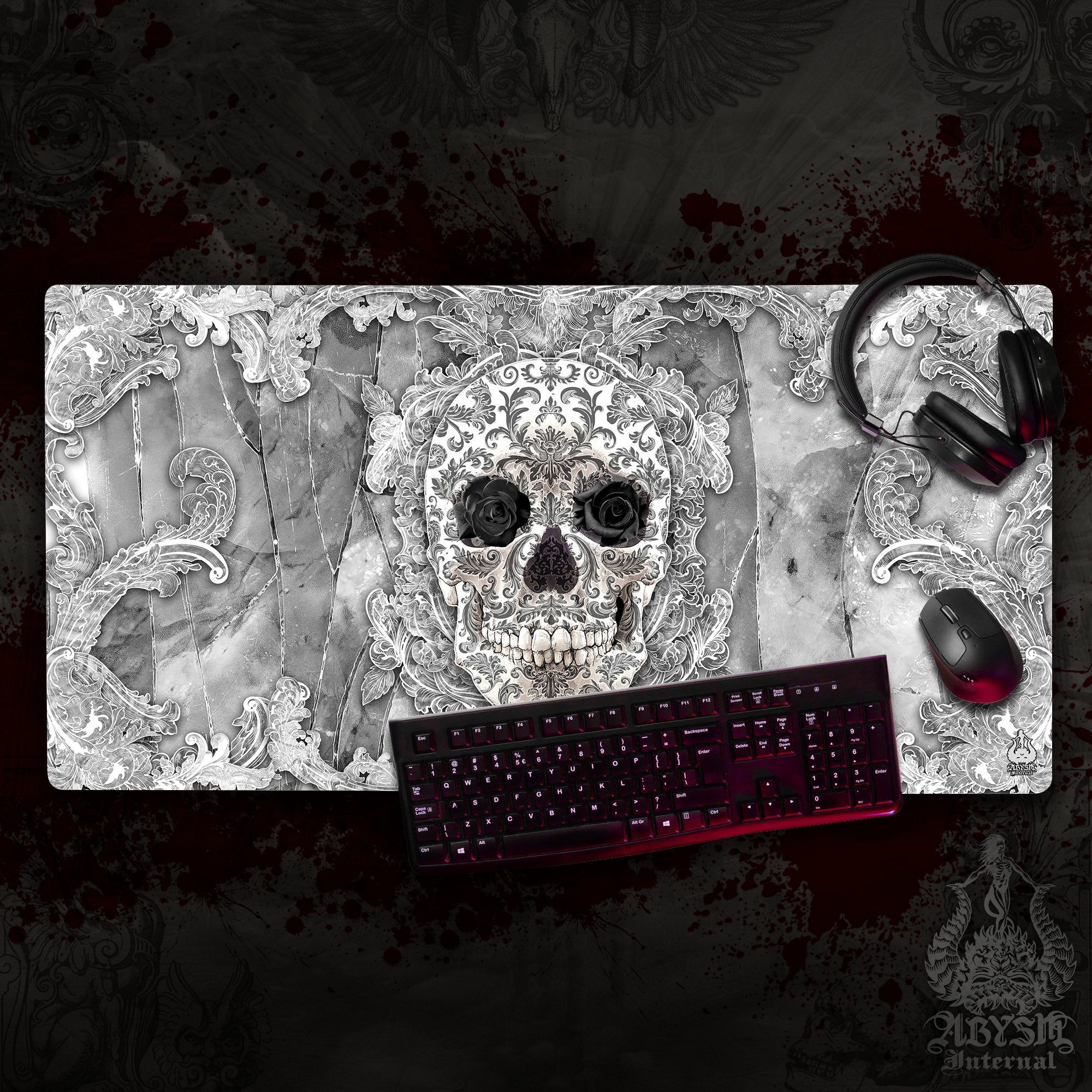 Skull Workpad, White Goth Desk Mat, Black Roses Gaming Mouse Pad, Stone Table Protector Cover, Art Print - Abysm Internal