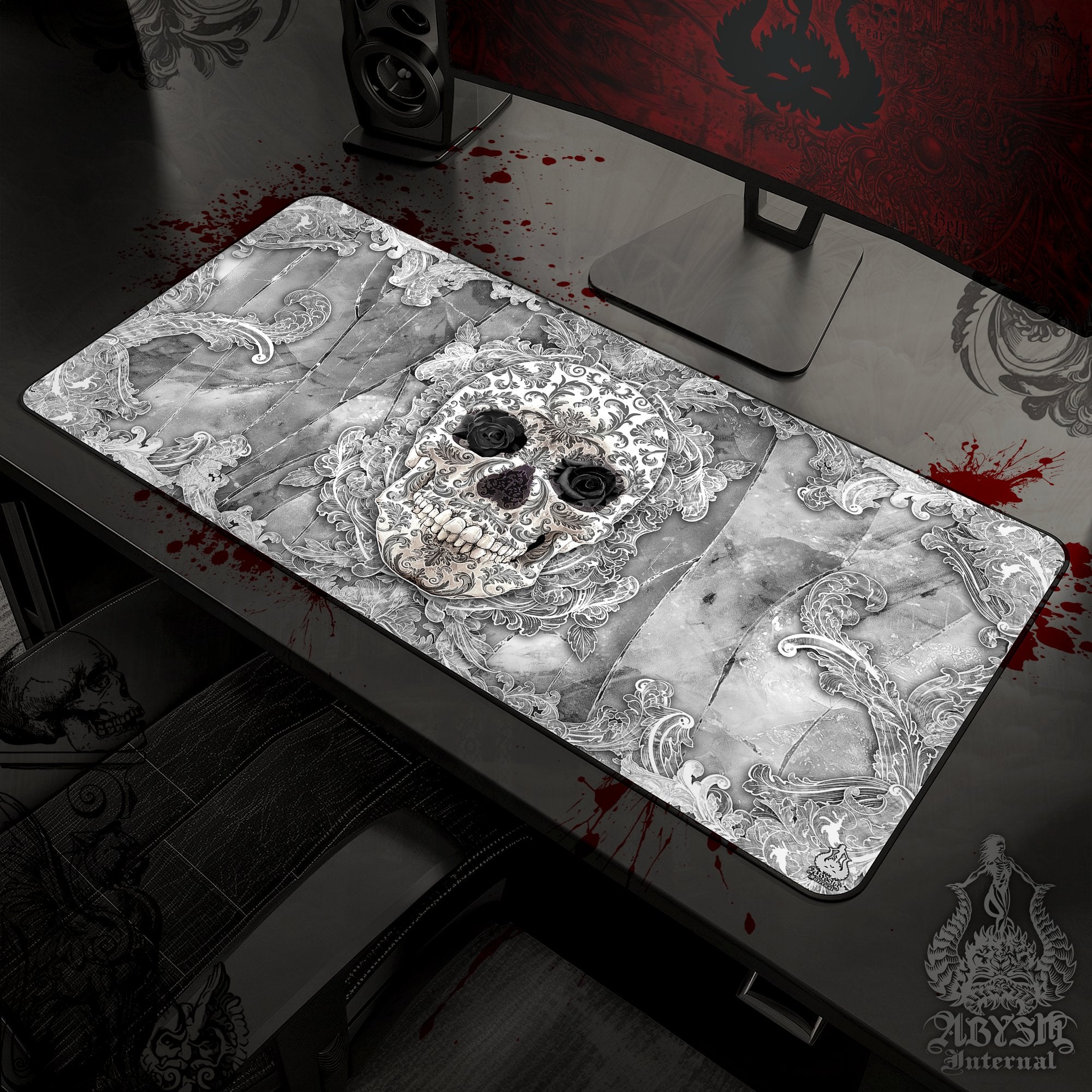 Skull Workpad, White Goth Desk Mat, Black Roses Gaming Mouse Pad, Stone Table Protector Cover, Art Print - Abysm Internal