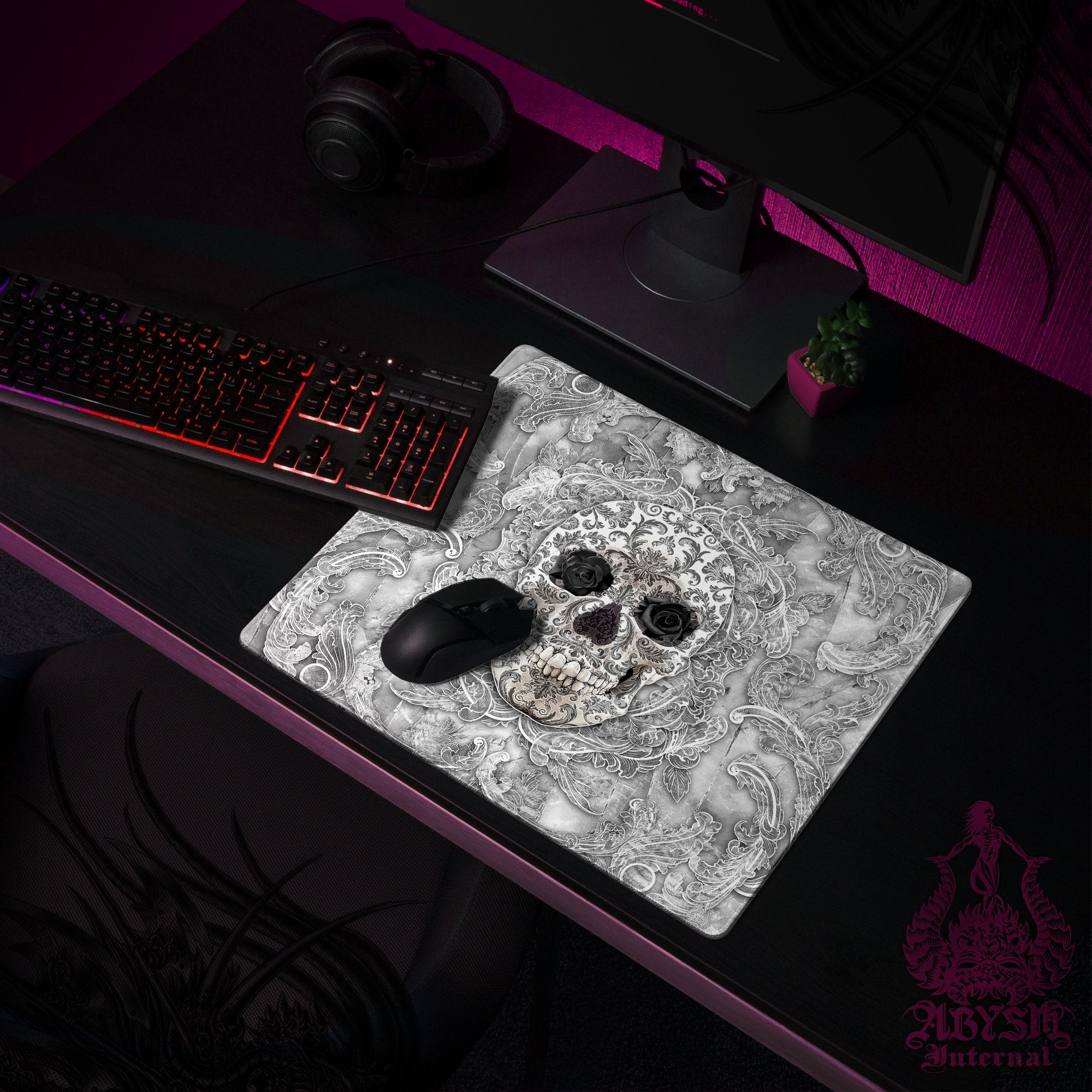 Skull Workpad, White Goth Desk Mat, Black Roses Gaming Mouse Pad, Stone Table Protector Cover, Art Print - Abysm Internal