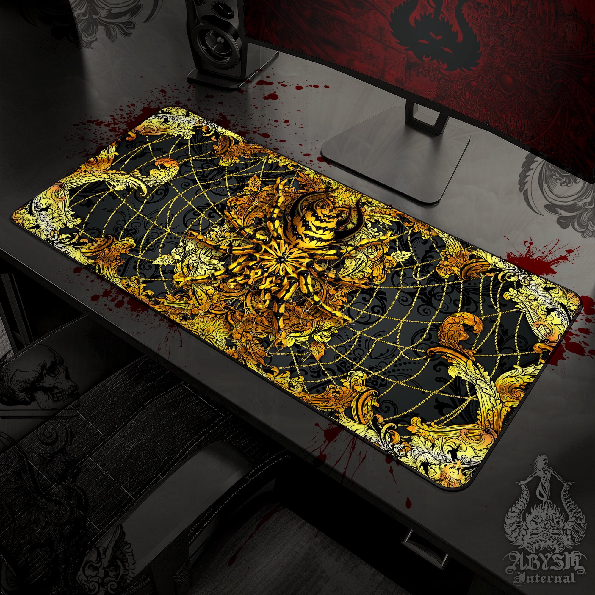Spider Gaming Desk Mat, Tarantula Mouse Pad, Gamer Table Protector Cover, Gold Ornaments Workpad, Fantasy Art Print - 2 Colors - Abysm Internal