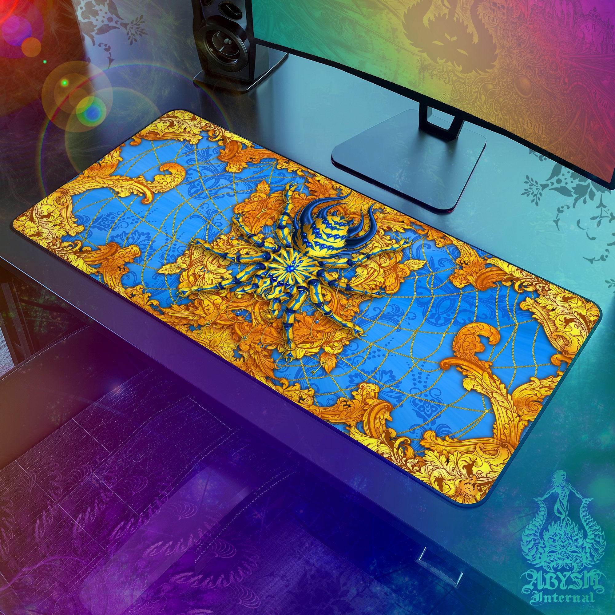 Spider Mouse Pad, Tarantula Gaming Desk Mat, Cyan Gold Workpad, Gamer Table Protector Cover, Art Print - Abysm Internal