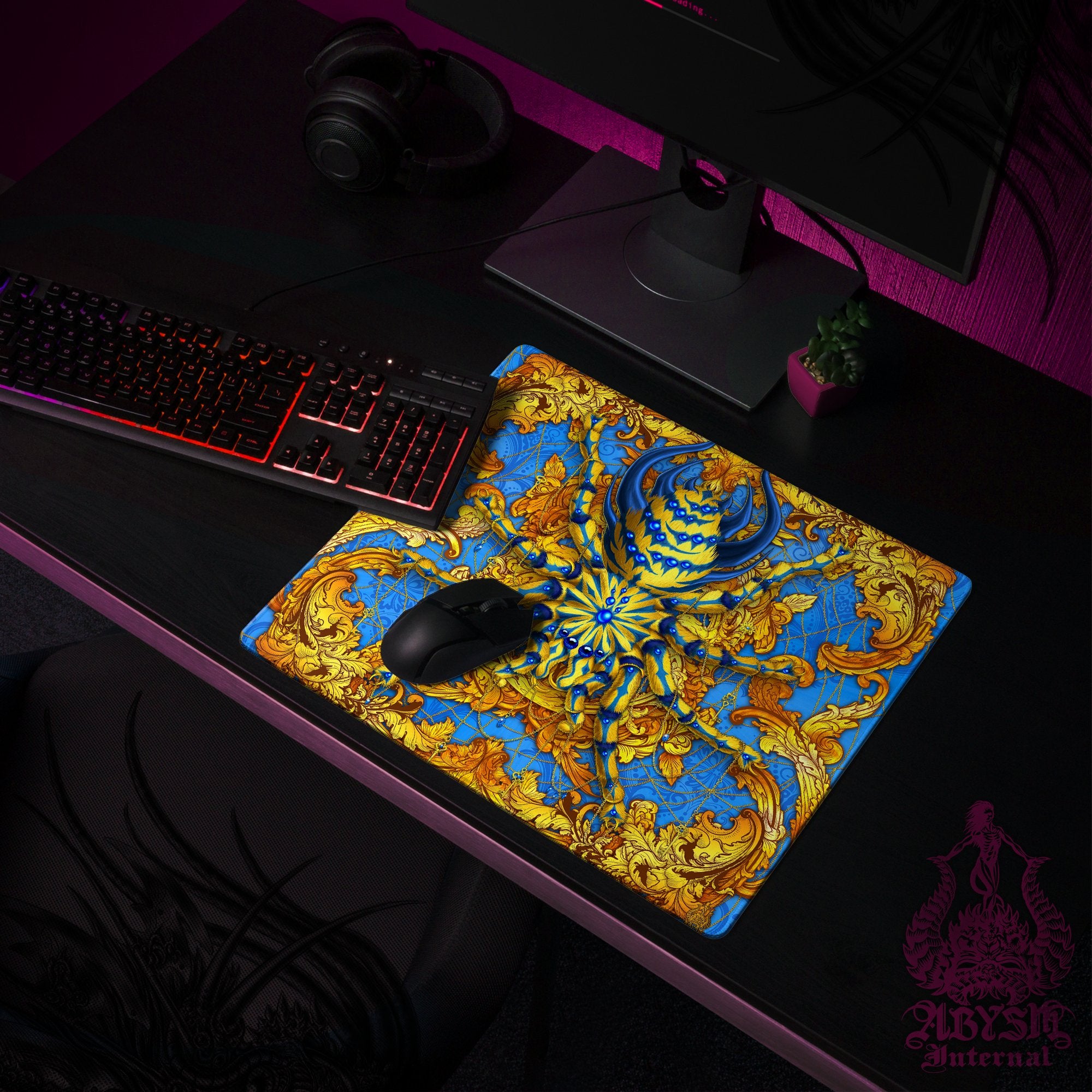 Spider Mouse Pad, Tarantula Gaming Desk Mat, Cyan Gold Workpad, Gamer Table Protector Cover, Art Print - Abysm Internal