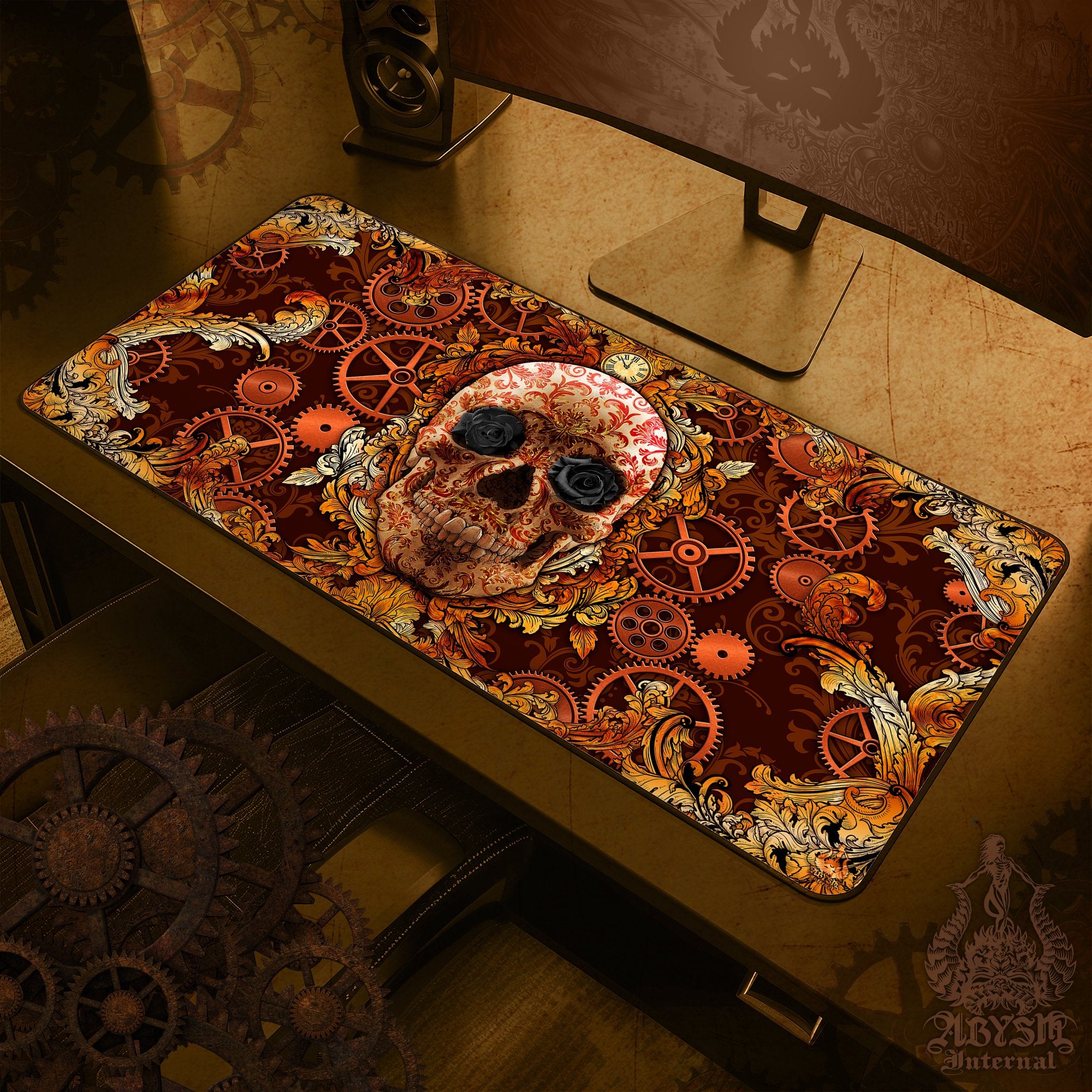 Steampunk Gaming Mouse Pad, Skull Desk Mat, Ornamented Table Protector Cover, Gears Workpad, Baroque Art Print - Abysm Internal