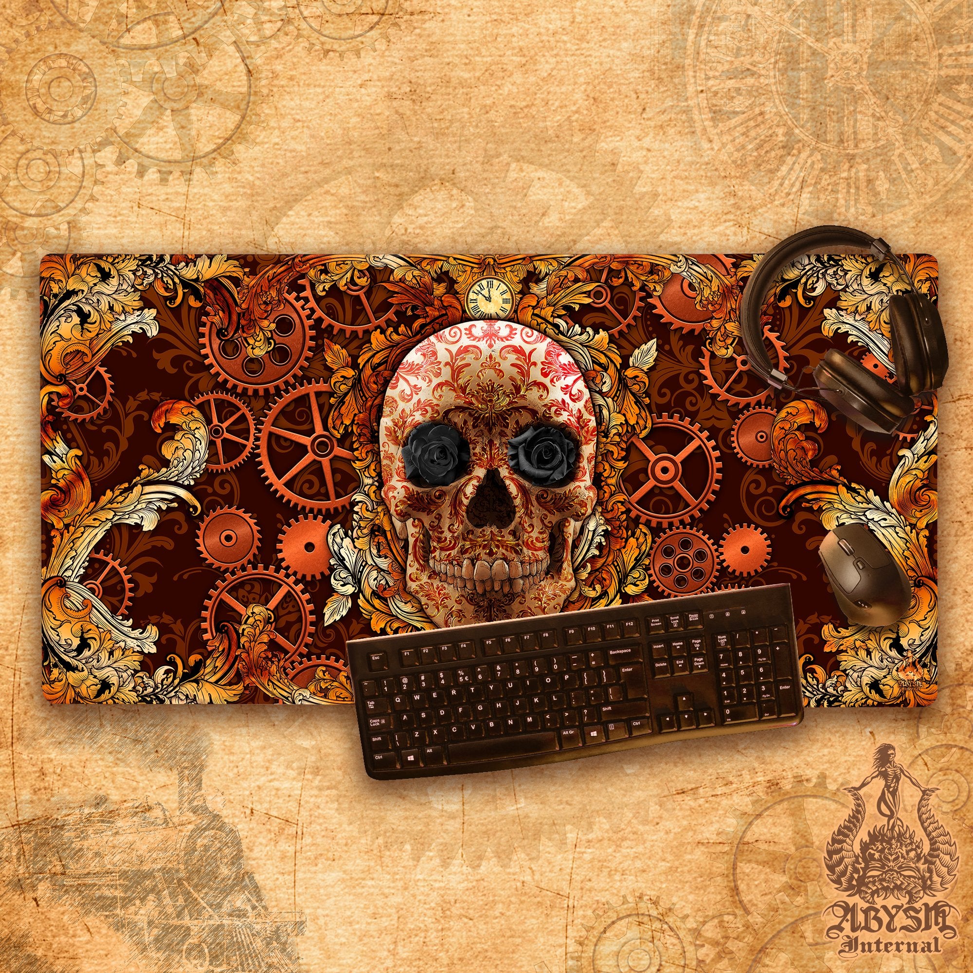 Steampunk Gaming Mouse Pad, Skull Desk Mat, Ornamented Table Protector Cover, Gears Workpad, Baroque Art Print - Abysm Internal