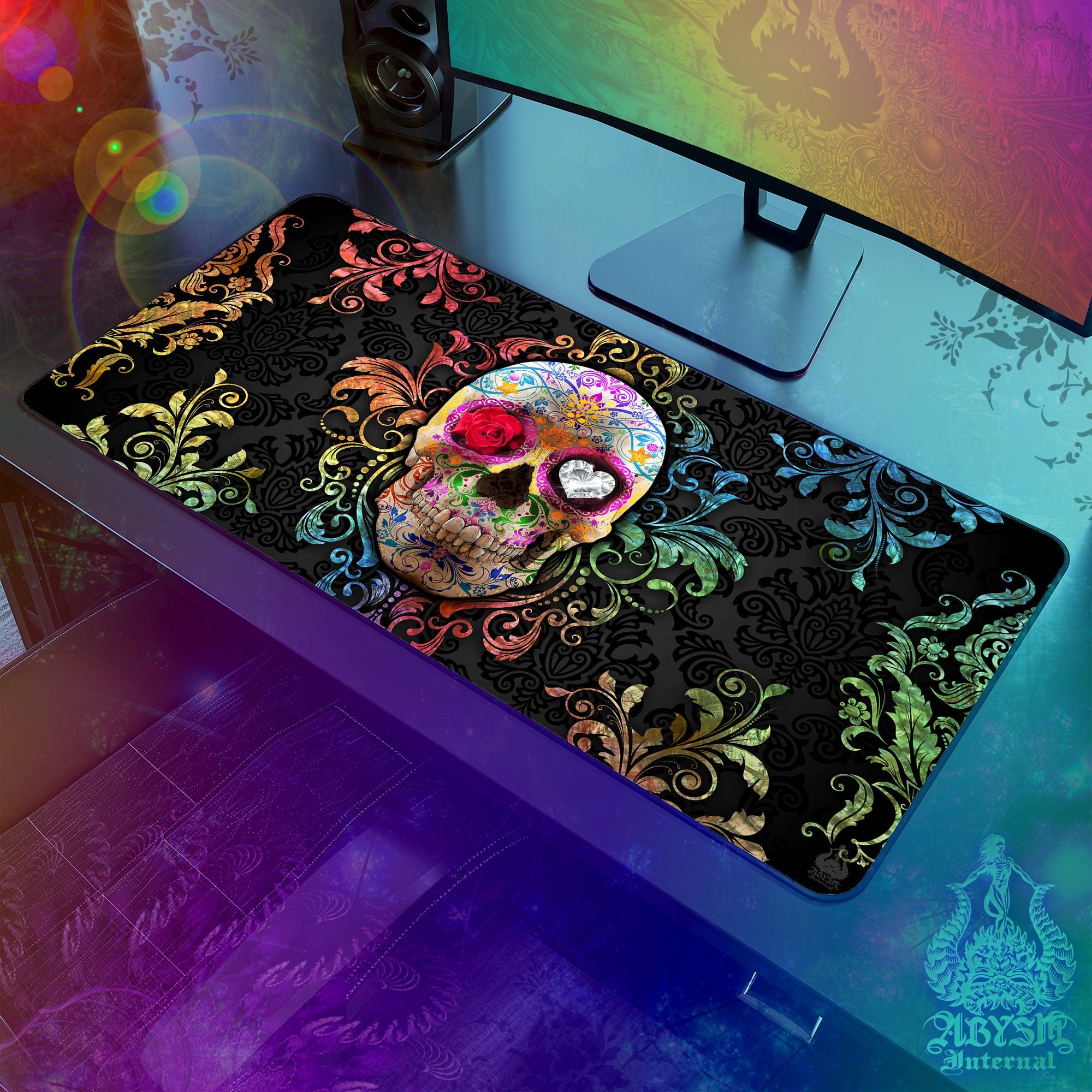 Sugar Skull Gaming Mouse Pad, Day of the Dead Desk Mat, Dia de los Muertos Table Protector Cover, Colorful Workpad, Art Print - Fiesta - Abysm Internal