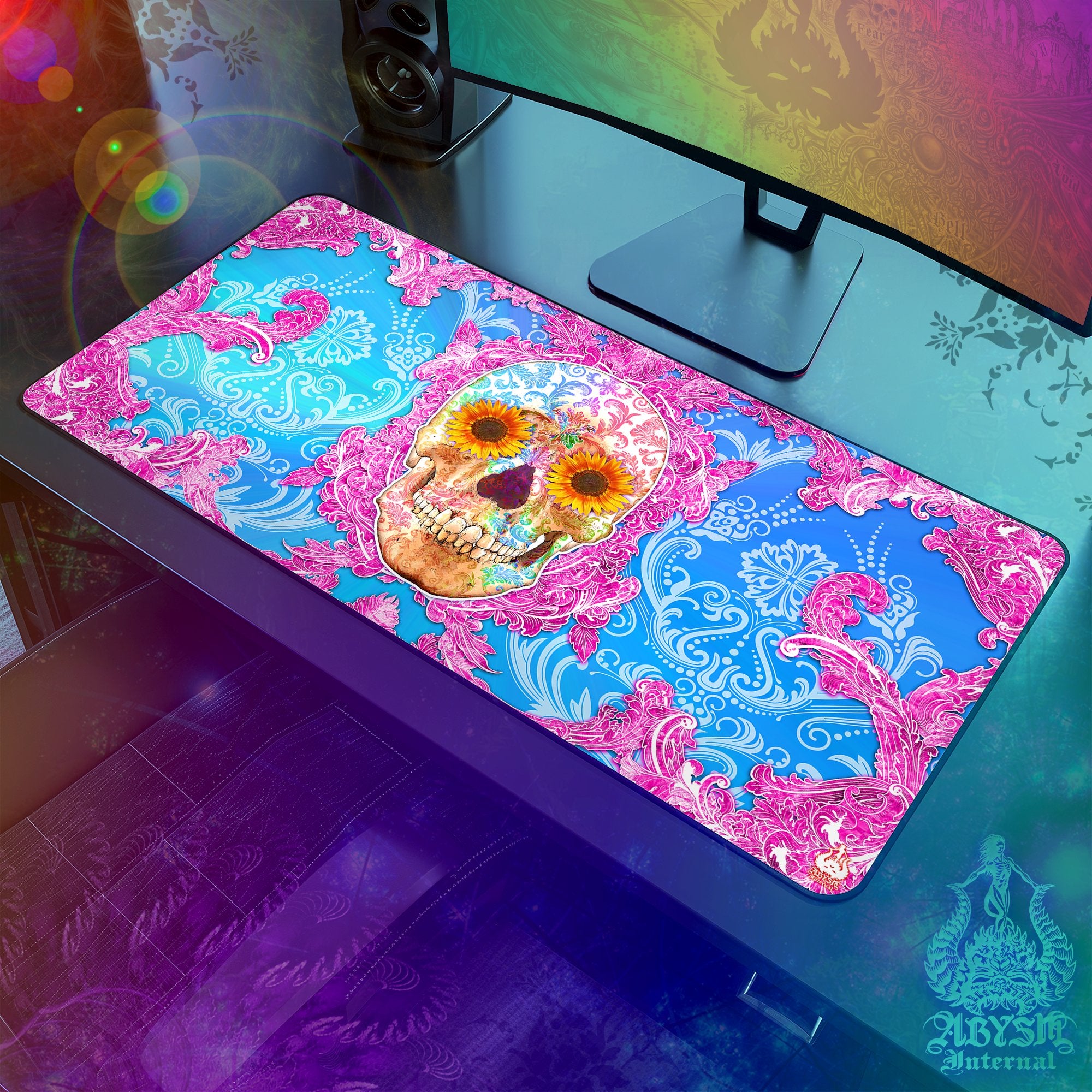 Sugar Skull Mouse Pad, Colorful Gaming Desk Mat, Dia de los Muertos Workpad, Psychedelic Table Protector Cover, Day of the Dead Art Print - Psy, 2 Colors - Abysm Internal