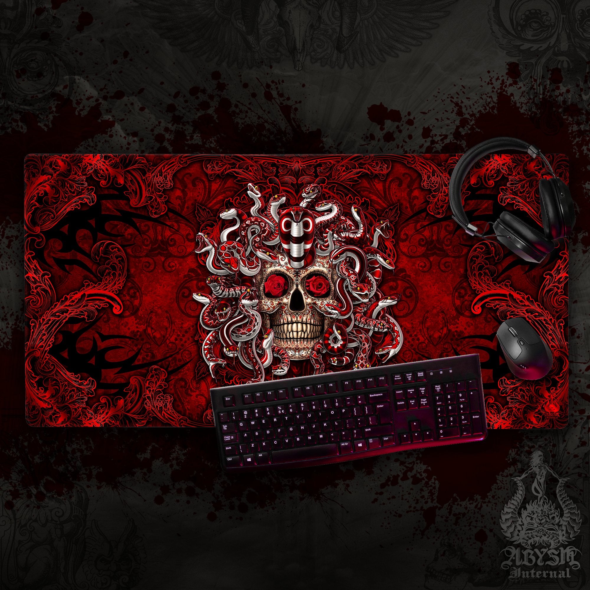 Sugar Skull Mouse Pad, Dia de los Muertos Gaming Desk Mat, Day of the Dead Workpad, Gothic Medusa Table Protector Cover, Art Print - Abysm Internal