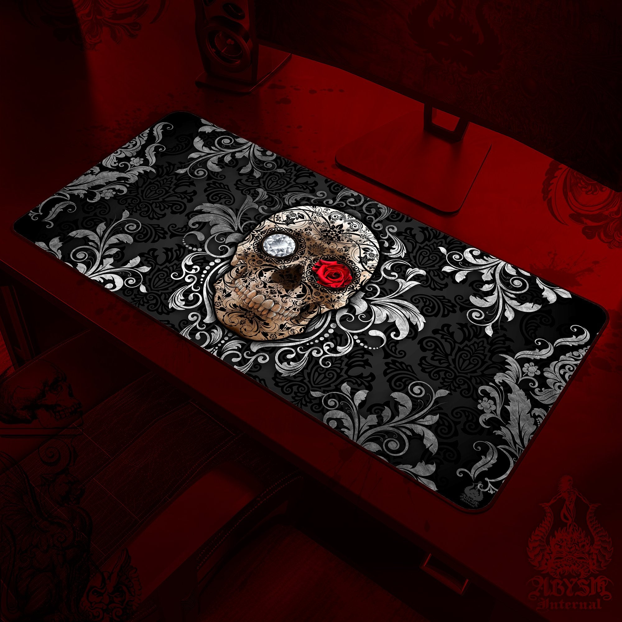 Sugar Skull Mouse Pad, Gothic Gaming Desk Mat, Dia de los Muertos Workpad, Goth Day of the Dead Table Protector Cover, Art Print - Abysm Internal