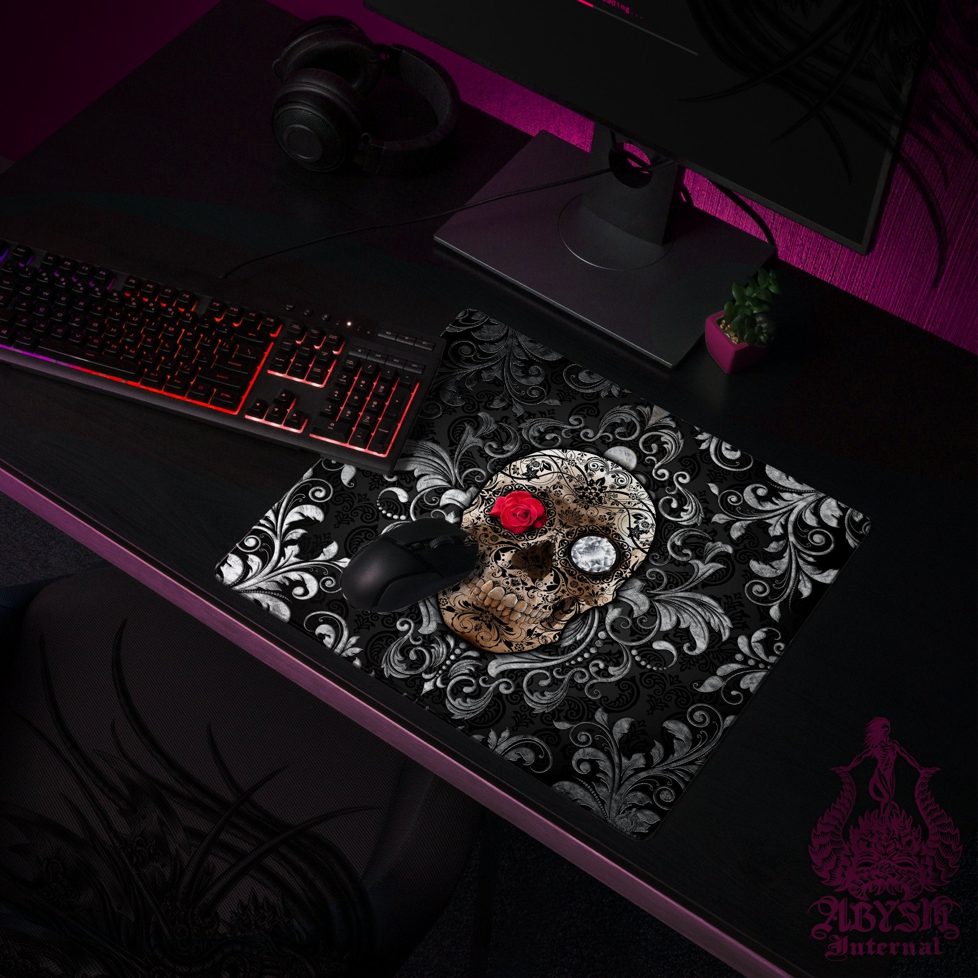 Sugar Skull Mouse Pad, Gothic Gaming Desk Mat, Dia de los Muertos Workpad, Goth Day of the Dead Table Protector Cover, Art Print - Abysm Internal