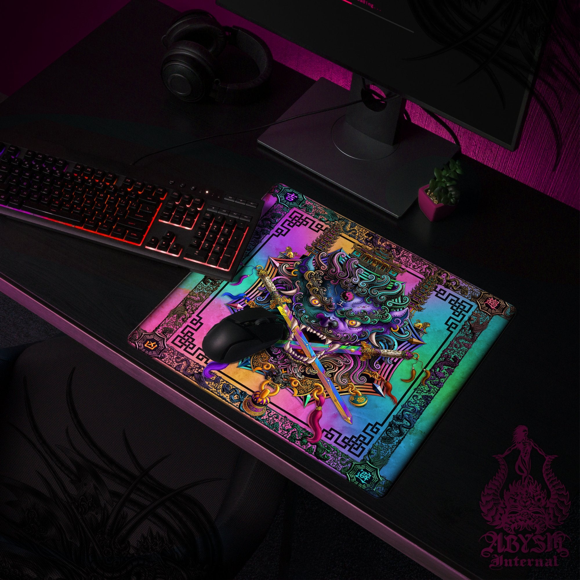 Taiwan Lion Gaming Desk Mat, Pastel Black Mouse Pad, Chinese Table Protector Cover, Asian Workpad, Fantasy Art Print - Abysm Internal