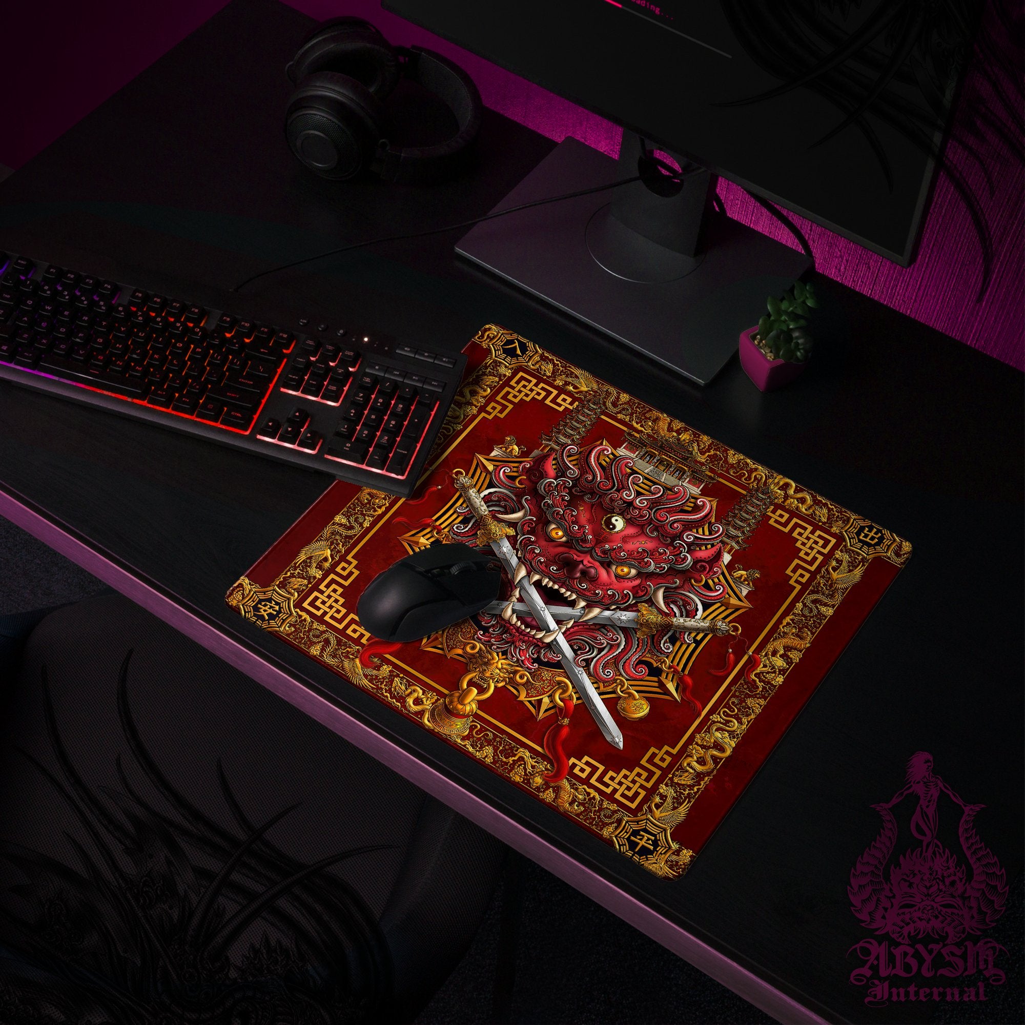 Taiwan Lion Gaming Desk Mat, Red Mouse Pad, Chinese Table Protector Cover, Asian Workpad, Fantasy Art Print - Abysm Internal