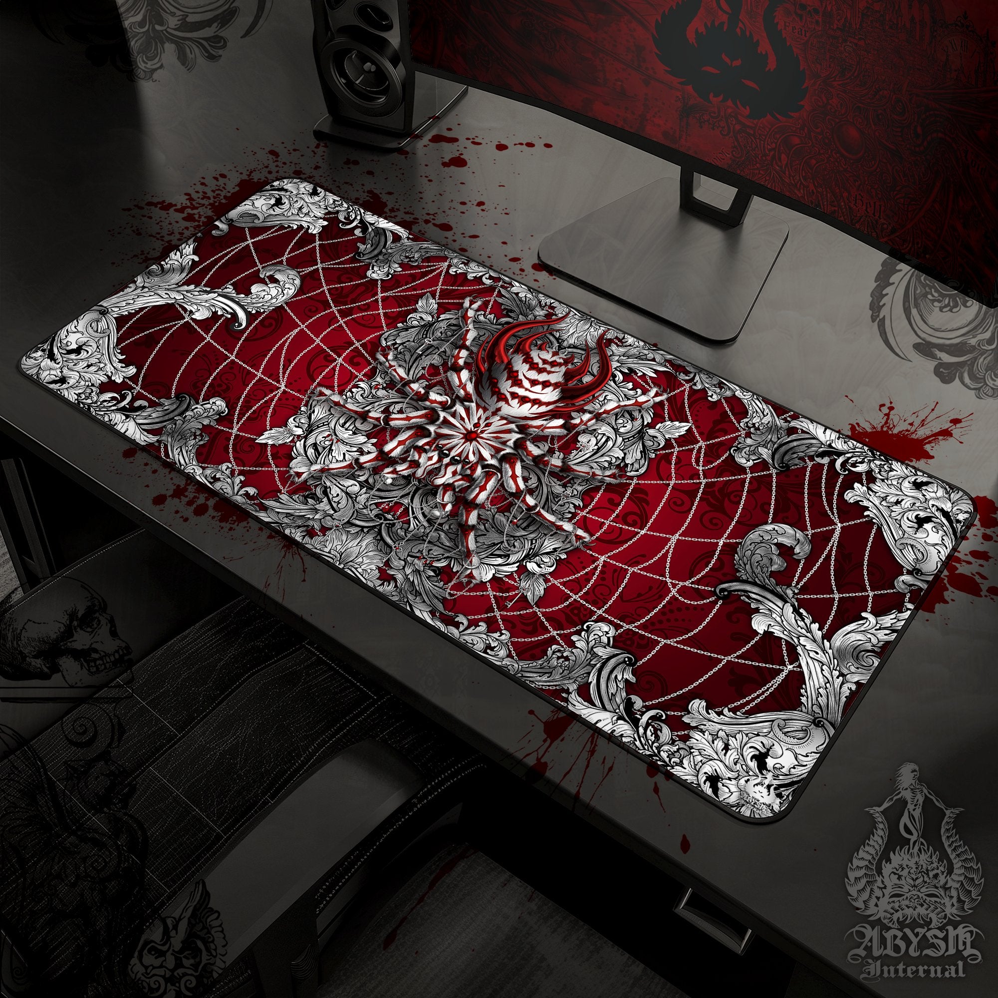 Tarantula Desk Mat, Spider Gaming Mouse Pad, Gamer Table Protector Cover, Silver Ornaments Workpad, Fantasy Art Print - 2 Colors - Abysm Internal