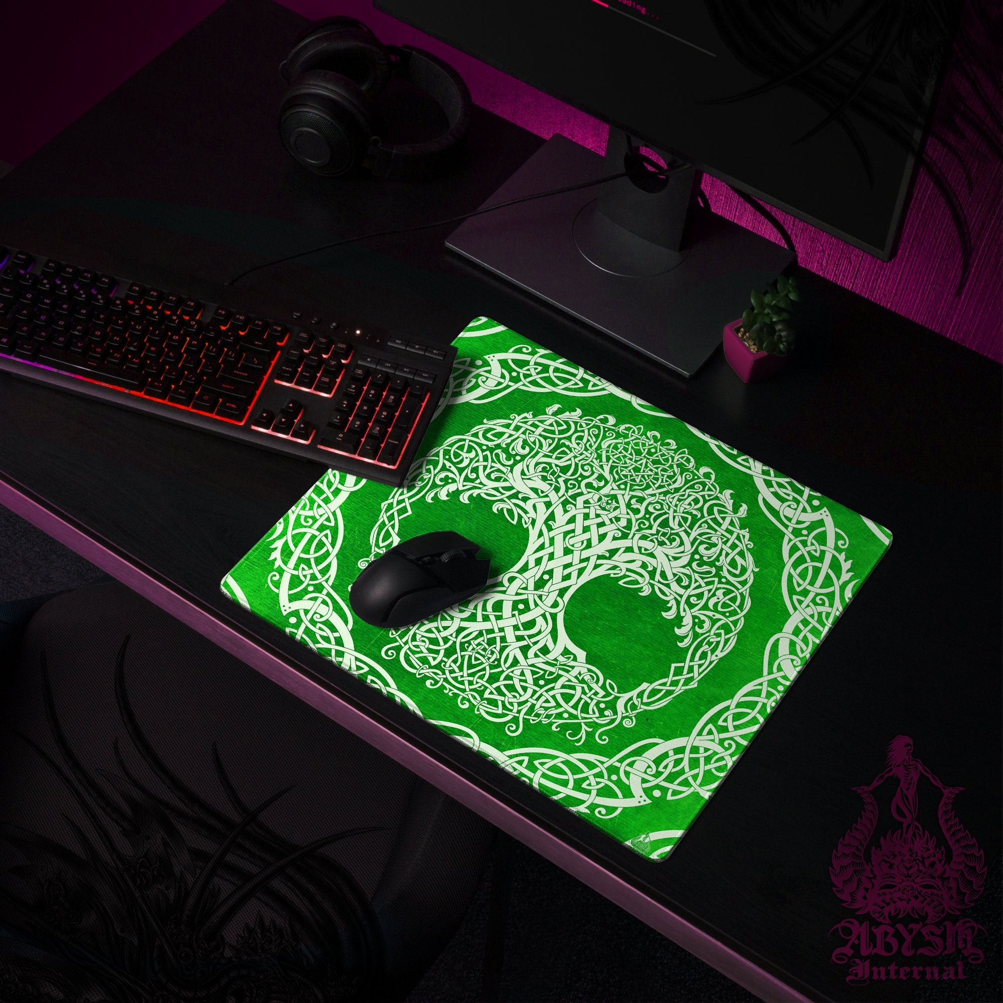 Tree of Life Desk Mat, Celtic Knotwork Gaming Mouse Pad, Wicca Table Protector Cover, Indie Workpad, Boho Art Print - Psy, Green White, Paper, 3 Colors - Abysm Internal