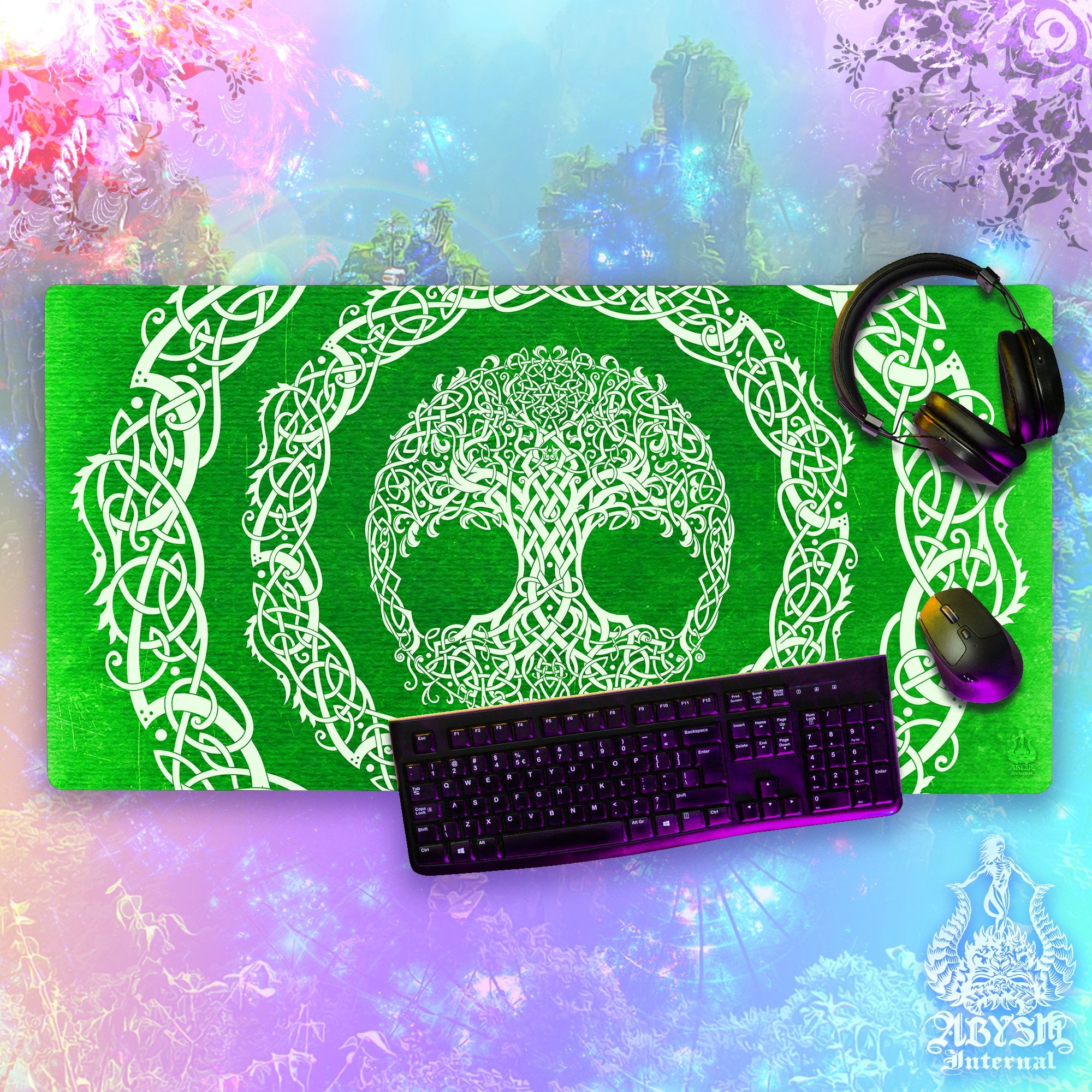 Tree of Life Desk Mat, Celtic Knotwork Gaming Mouse Pad, Wicca Table Protector Cover, Indie Workpad, Boho Art Print - Psy, Green White, Paper, 3 Colors - Abysm Internal