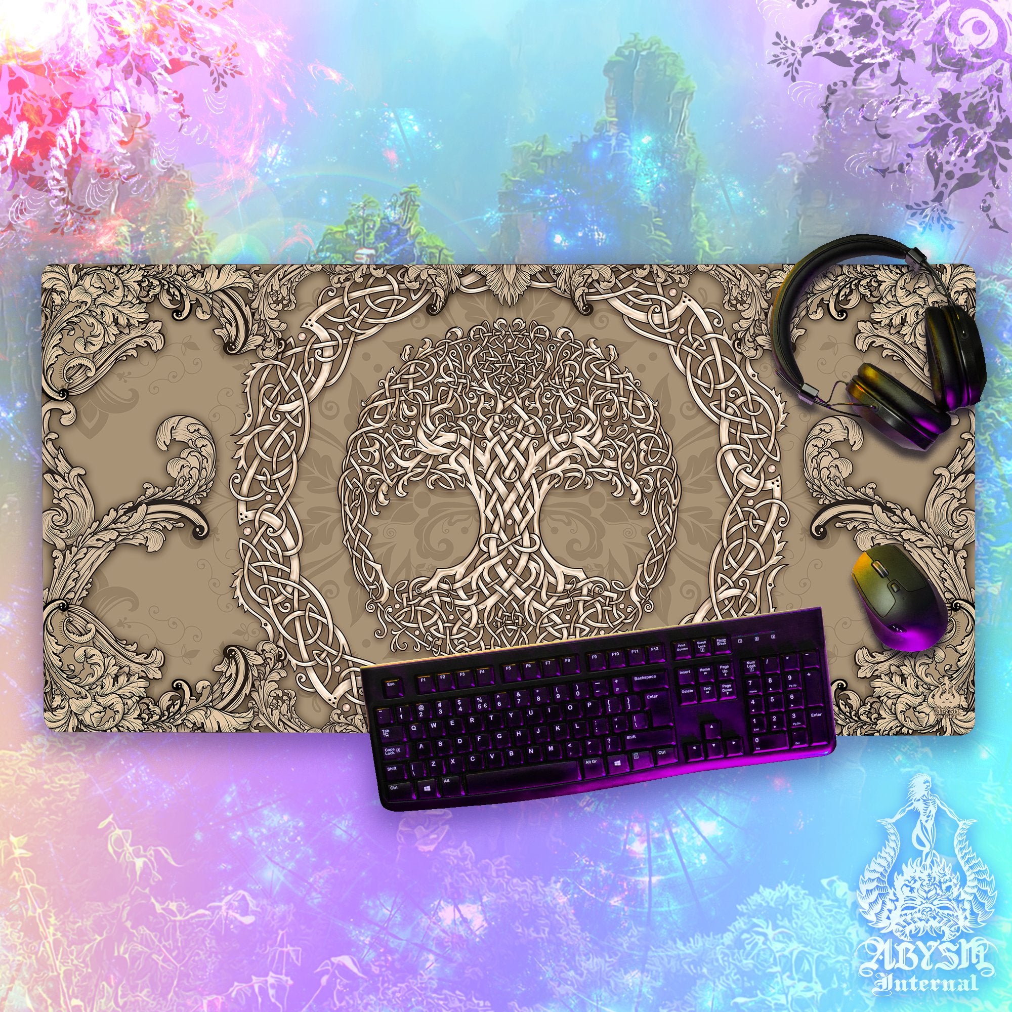 Tree of Life Gaming Desk Mat, Celtic Knotwork Mouse Pad, Wicca Table Protector Cover, Indie Workpad, Indie Art Print - Cream - Abysm Internal