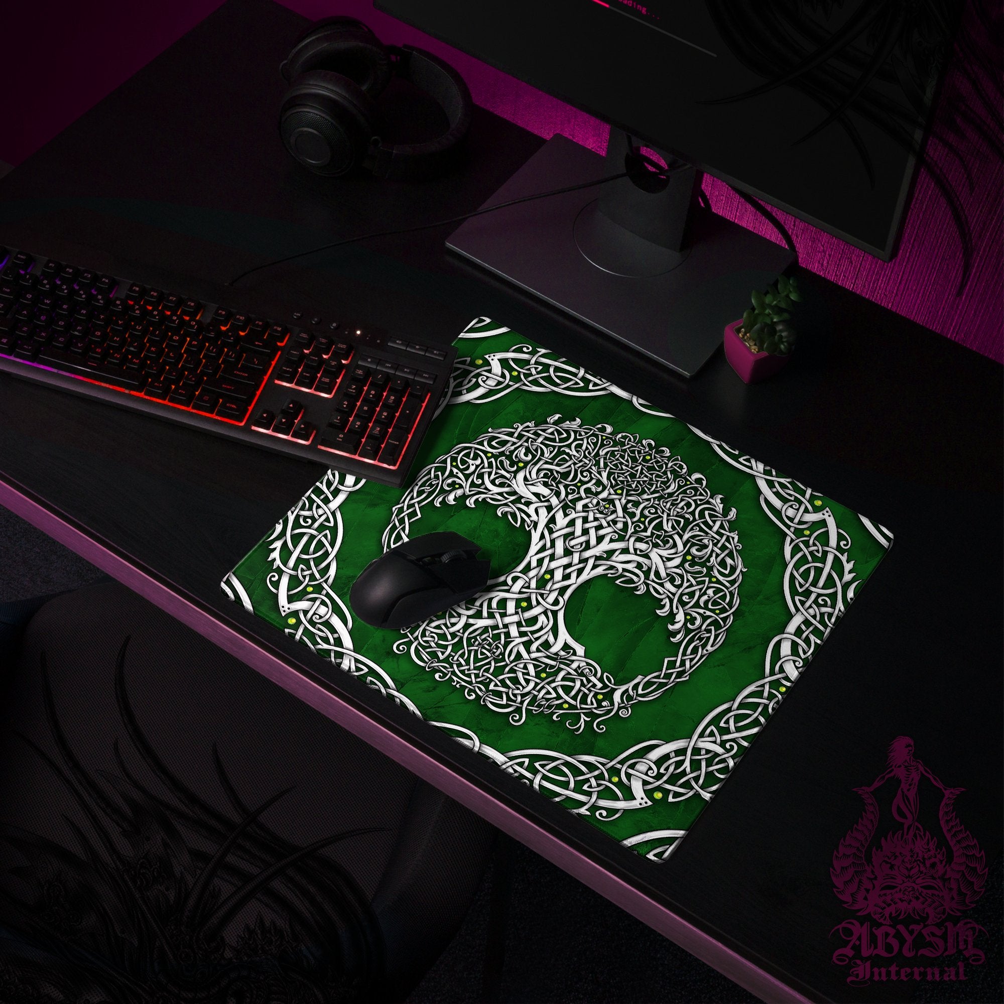 Tree of Life Gaming Mouse Pad, Celtic Knotwork Desk Mat, Wicca Table Protector Cover, Boho Workpad, Art Print - White, 3 Colors - Abysm Internal