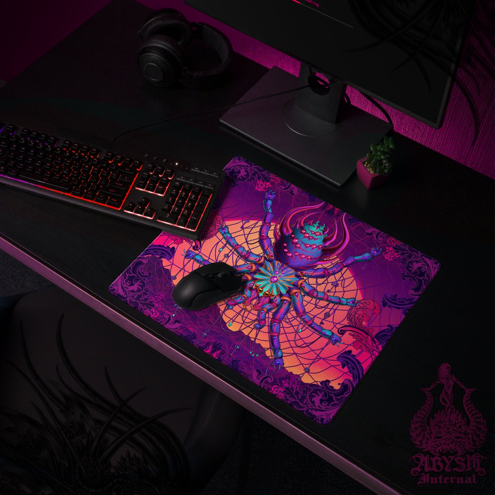 Trippy Gaming Mouse Pad, Psychedelic Desk Mat, Gamer Table Protector Cover, Workpad, Vaporwave Tarantula Art Print - Abysm Internal