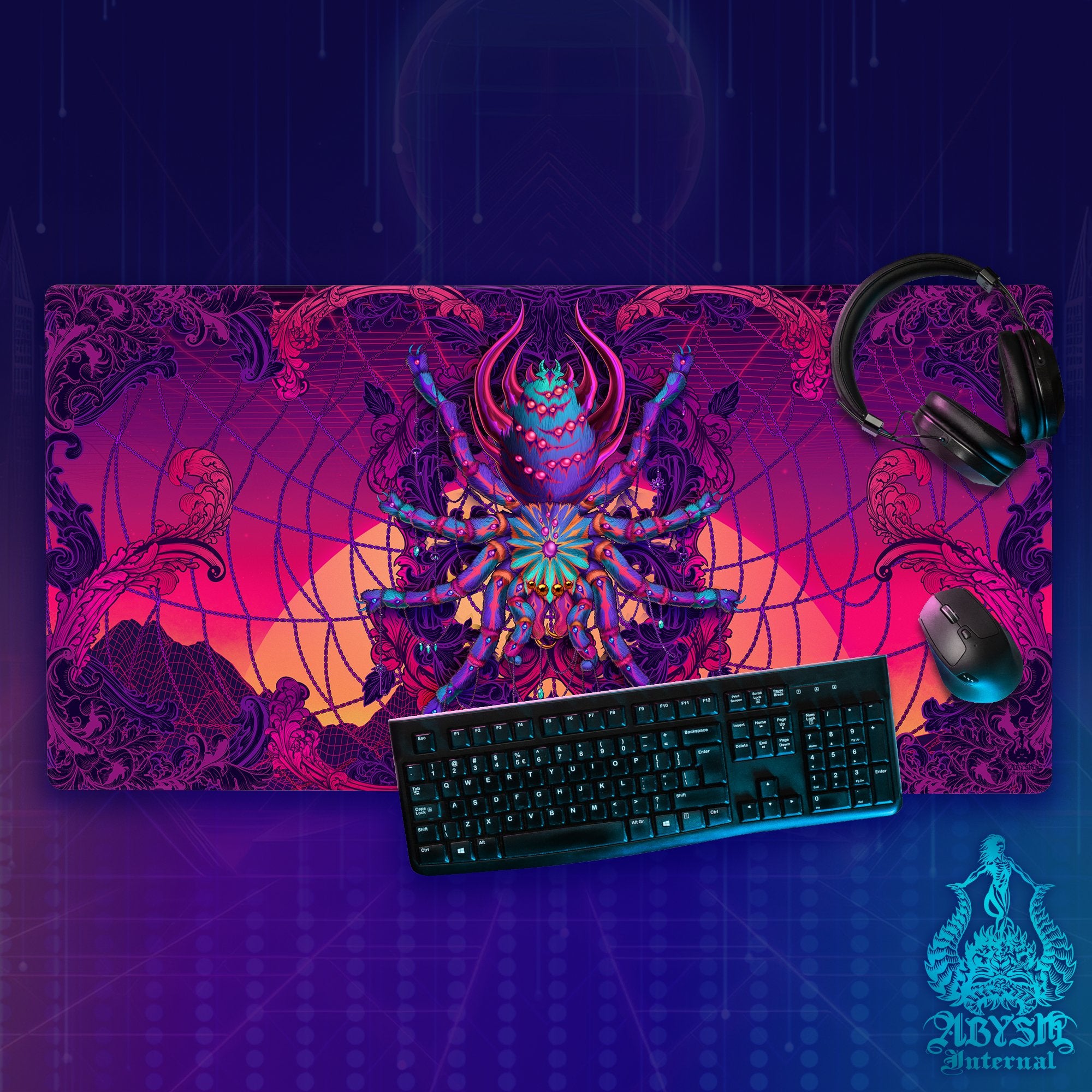 Trippy Gaming Mouse Pad, Psychedelic Desk Mat, Gamer Table Protector Cover, Workpad, Vaporwave Tarantula Art Print - Abysm Internal