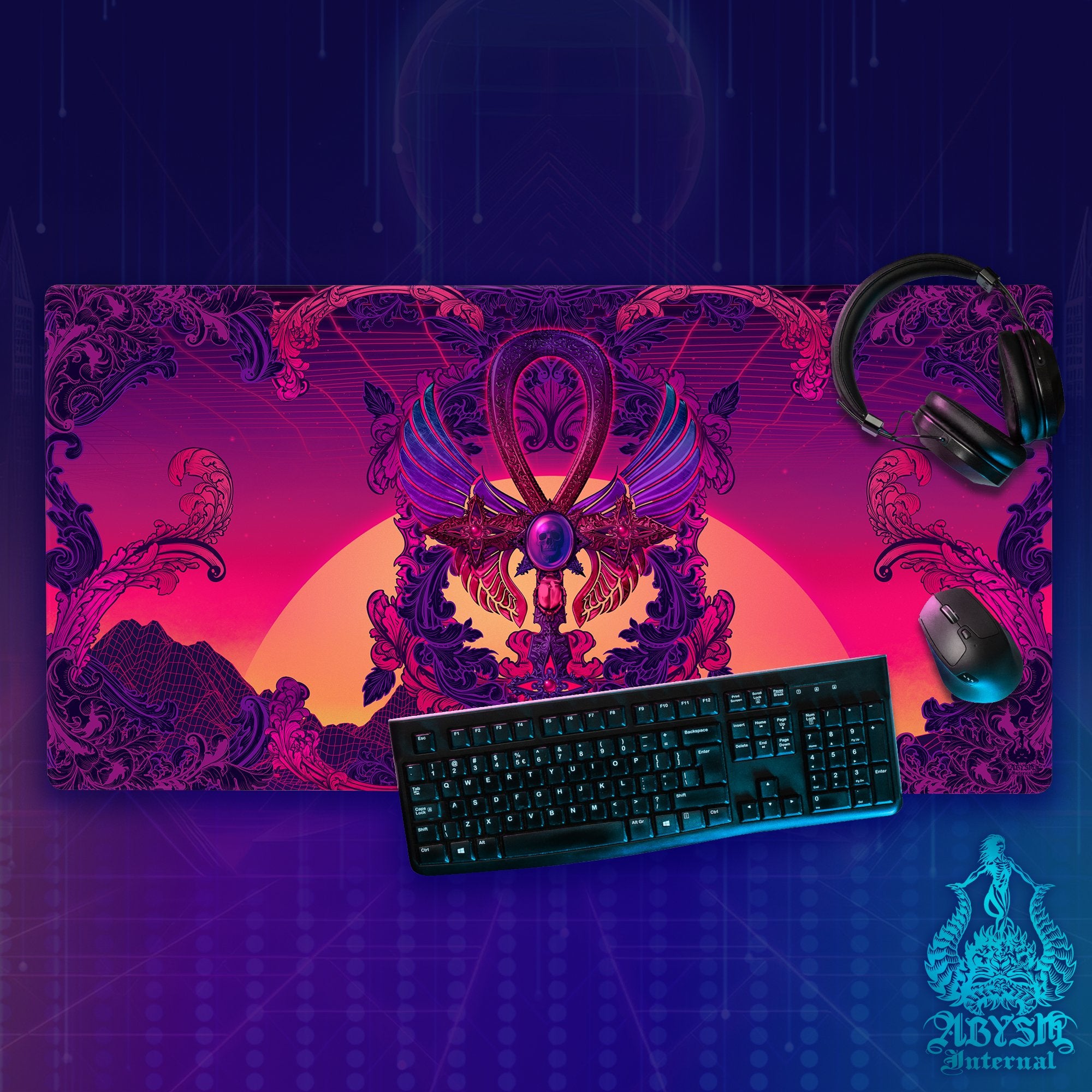 Vaporwave Workpad, Ankh Desk Mat, Cross Gaming Mouse Pad, Psychedelic Table Protector Cover, Trippy Art Print - Abysm Internal