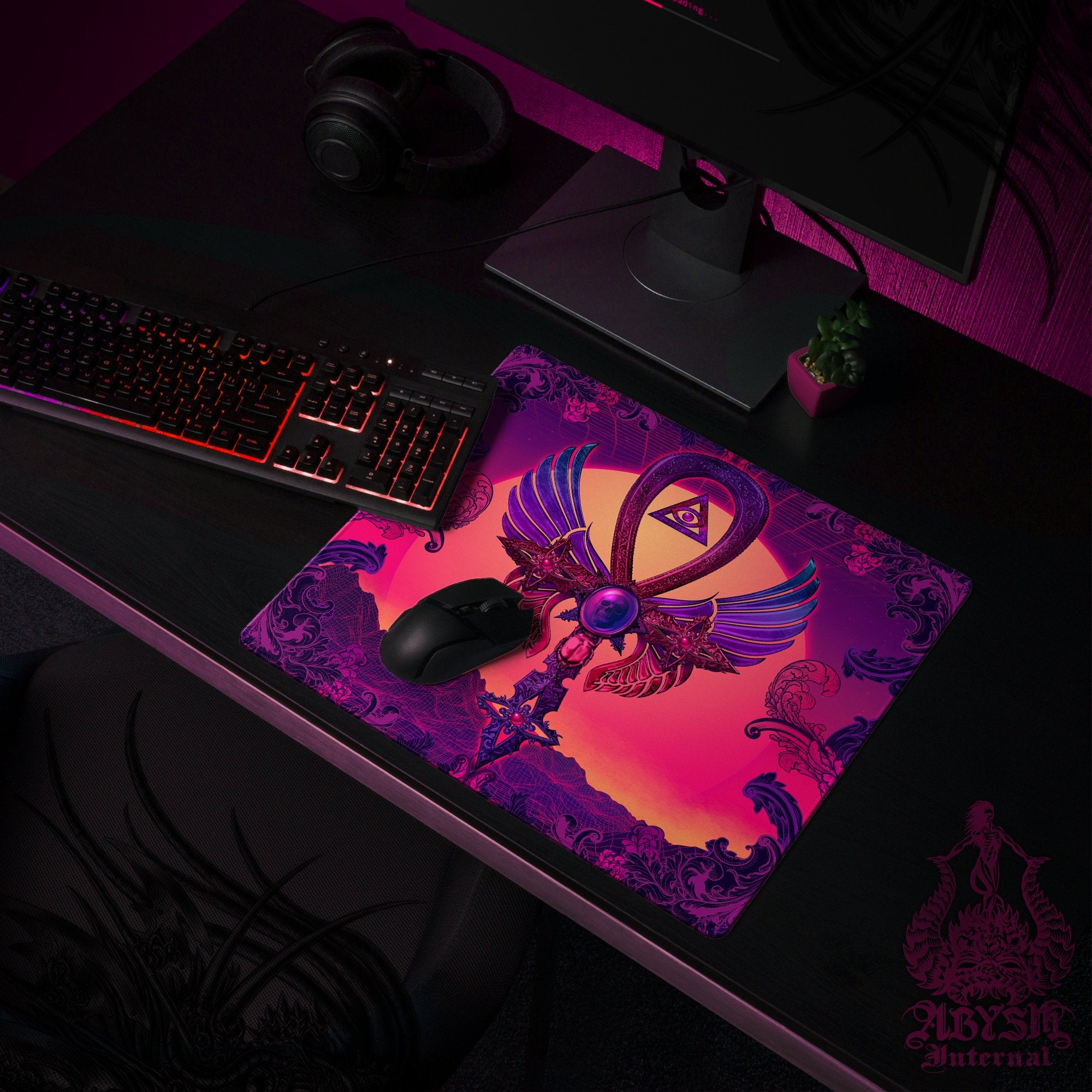 Vaporwave Workpad, Ankh Desk Mat, Cross Gaming Mouse Pad, Psychedelic Table Protector Cover, Trippy Art Print - Abysm Internal