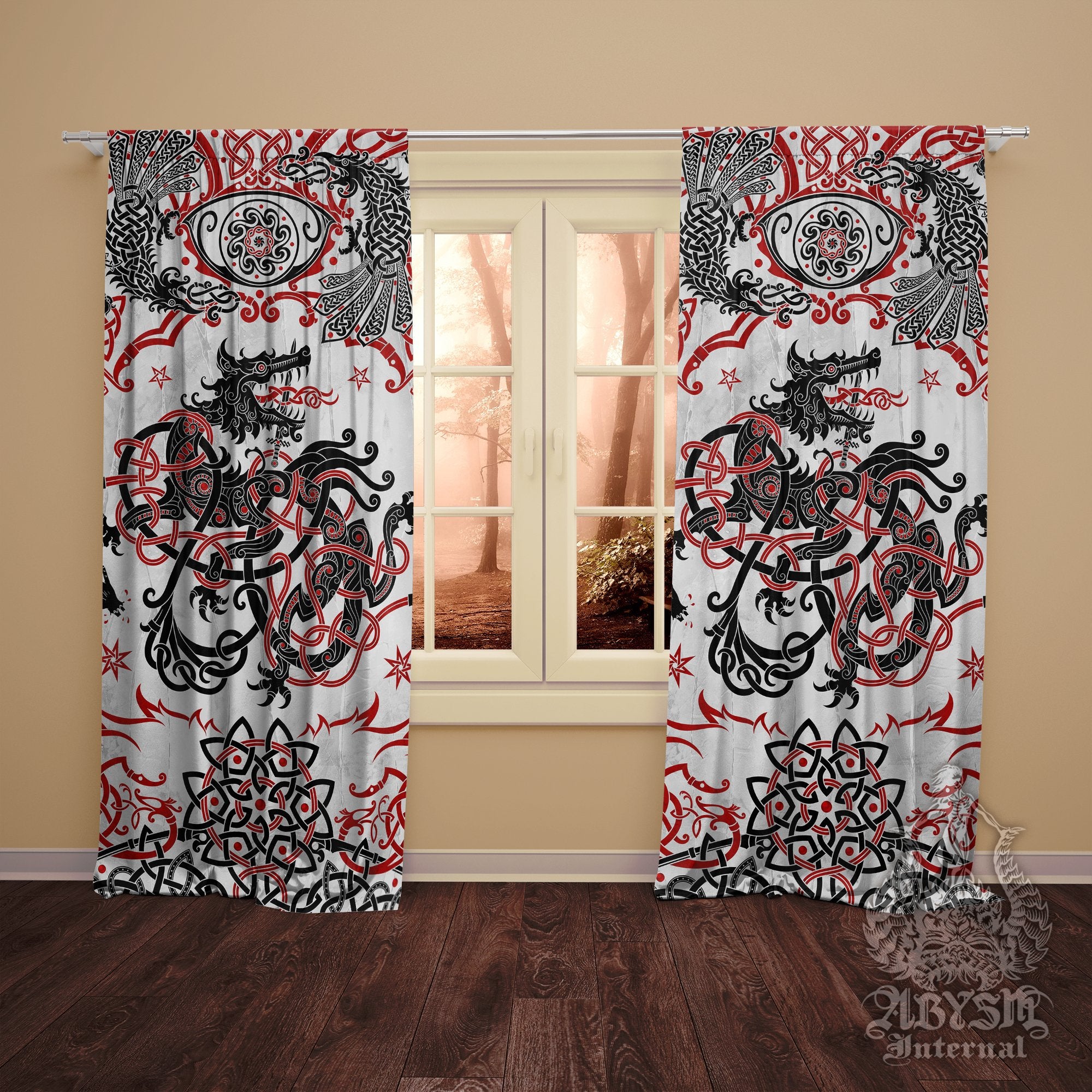 Viking Curtains, 50x84' Printed Window Panels, Norse Room Decor, Nordic Art Print, Wolf Fenrir - White Black Red - Abysm Internal