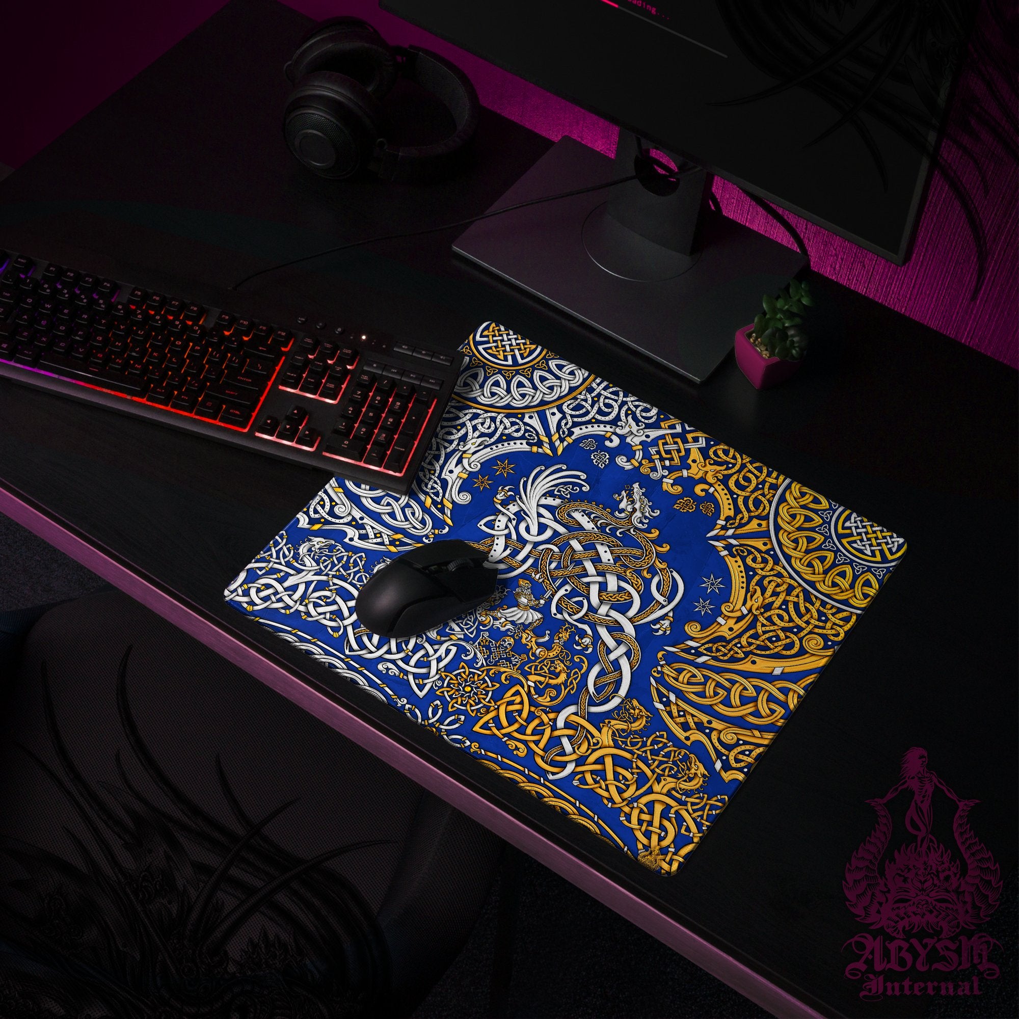 Viking Desk Mat, Norse Dragon Gaming Mouse Pad, Nordic Knotwork Table Protector Cover, Fafnir Workpad, Art Print - Gold, 3 Colors - Abysm Internal