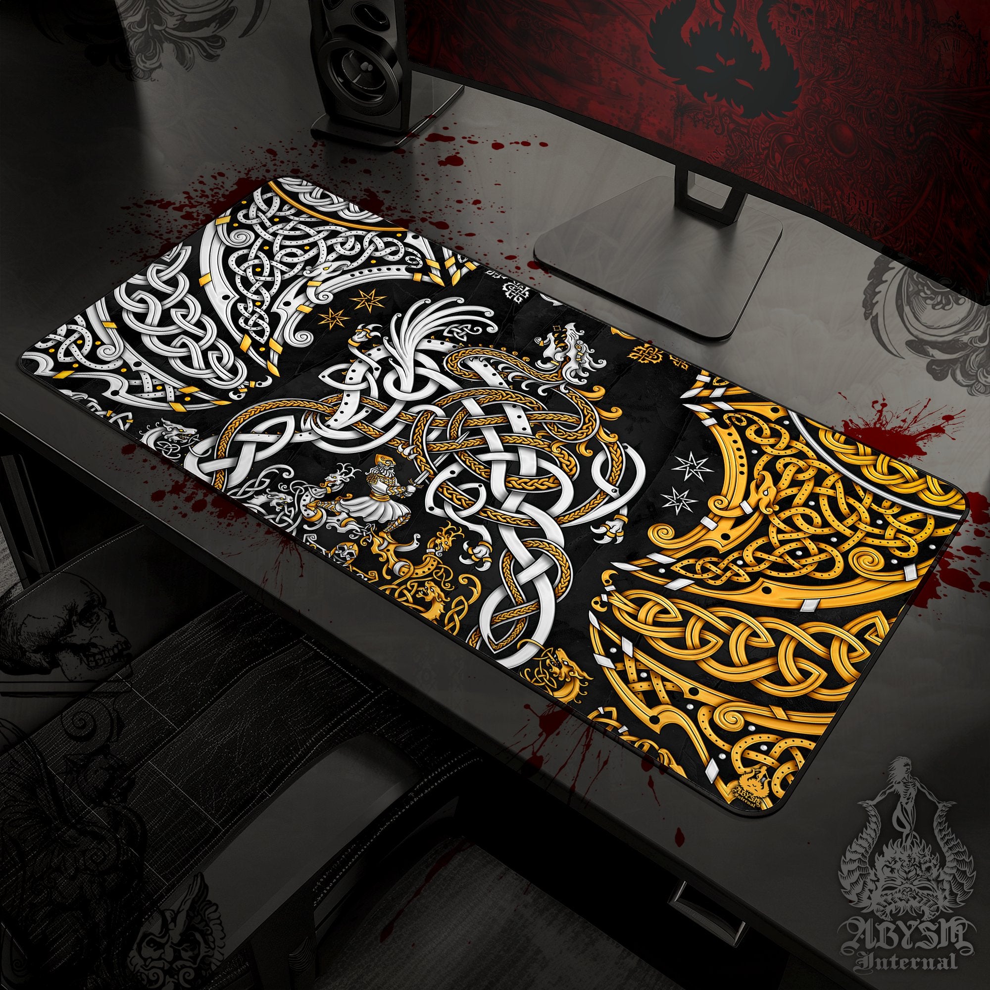 Viking Desk Mat, Norse Dragon Gaming Mouse Pad, Nordic Knotwork Table Protector Cover, Fafnir Workpad, Art Print - Gold, 3 Colors - Abysm Internal
