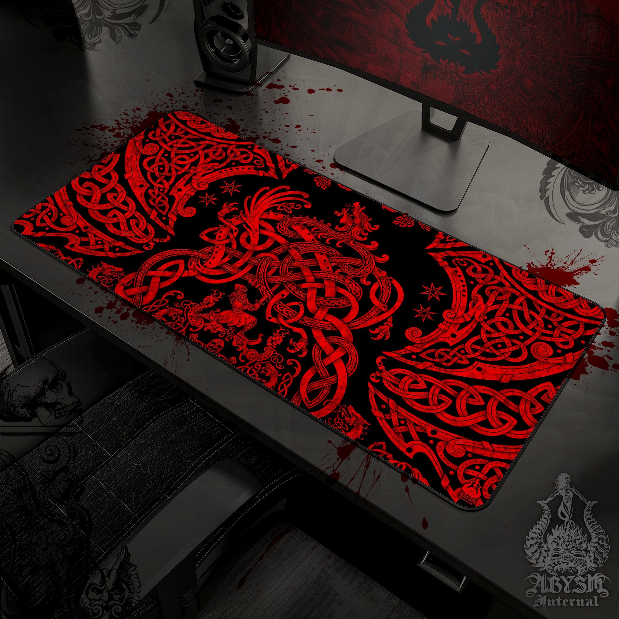 Viking Dragon Desk Mat, Norse Knotwork Gaming Mouse Pad, Nordic Table Protector Cover, Fafnir Workpad, Art Print - Abysm Internal