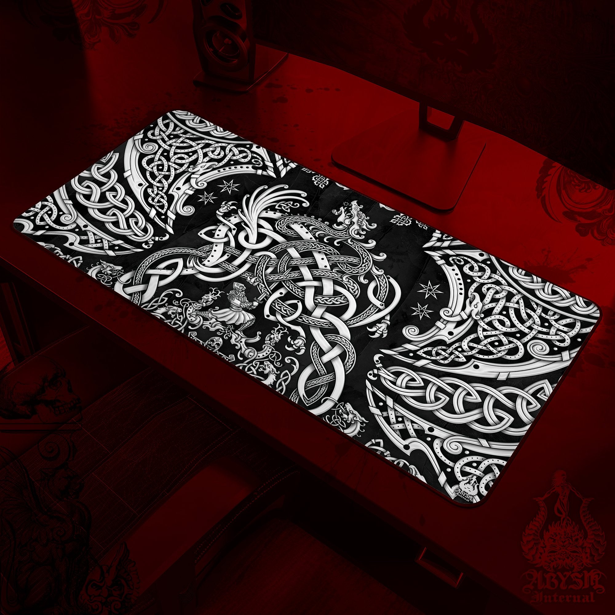 Viking Dragon Gaming Desk Mat, Norse Knotwork Mouse Pad, Nordic Table Protector Cover, Fafnir Workpad, Art Print - White, 3 Colors - Abysm Internal