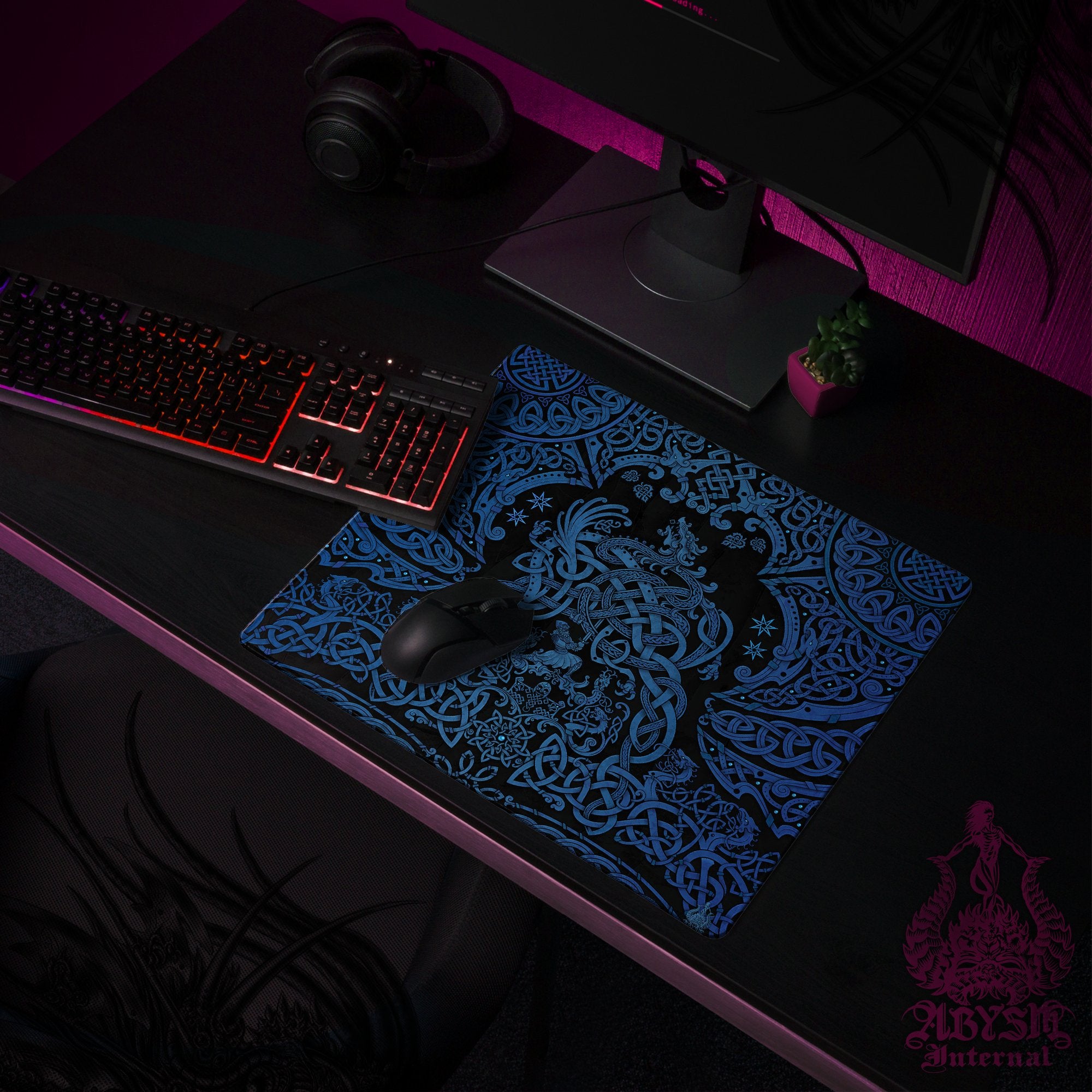 Viking Dragon Gaming Mouse Pad, Norse Knotwork Desk Mat, Nordic Table Protector Cover, Fafnir Workpad, Art Print - Black Blue - Abysm Internal