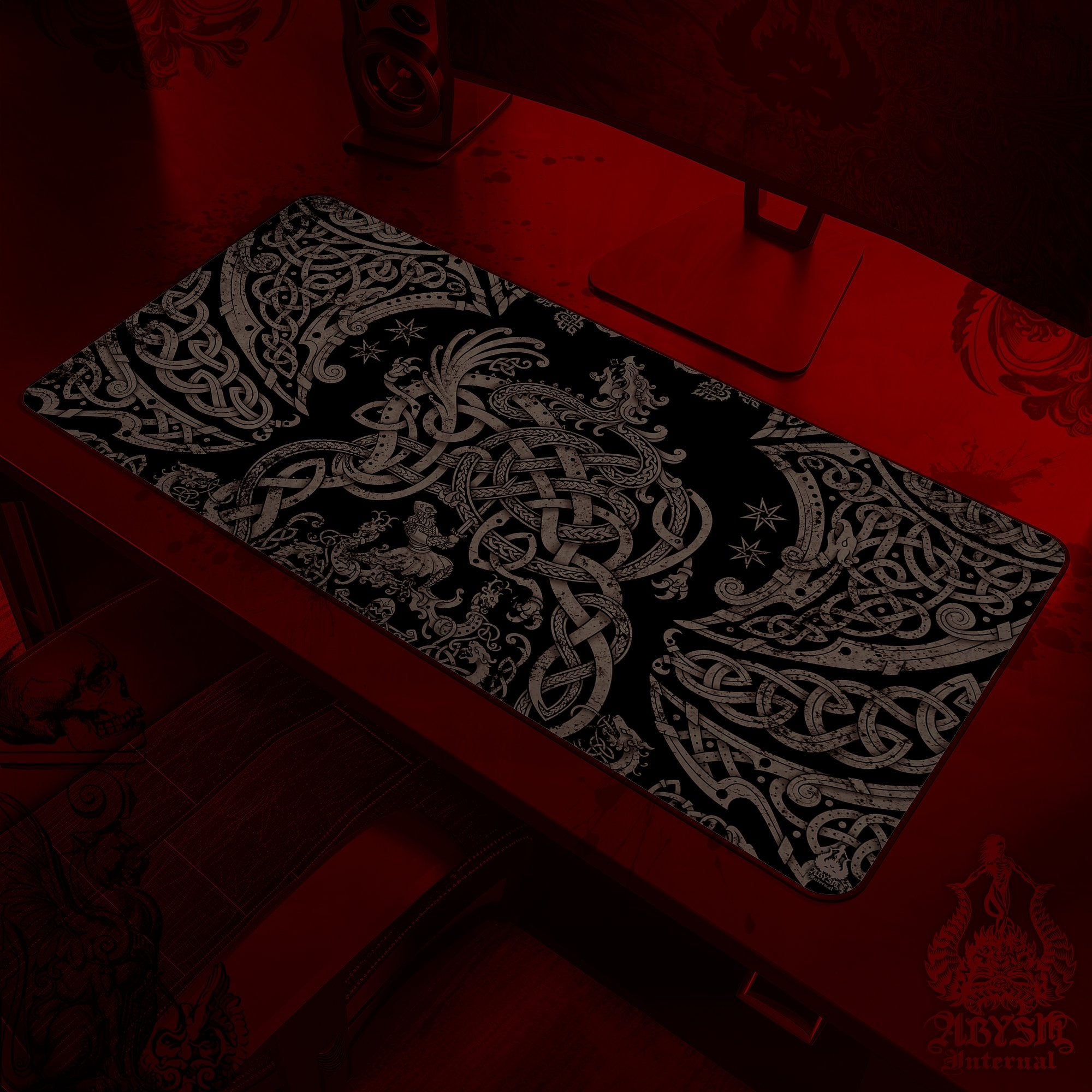 Viking Dragon Mouse Pad, Norse Knotwork Gaming Desk Mat, Nordic Workpad, Fafnir Table Protector Cover, Art Print - Black Grey Grit - Abysm Internal