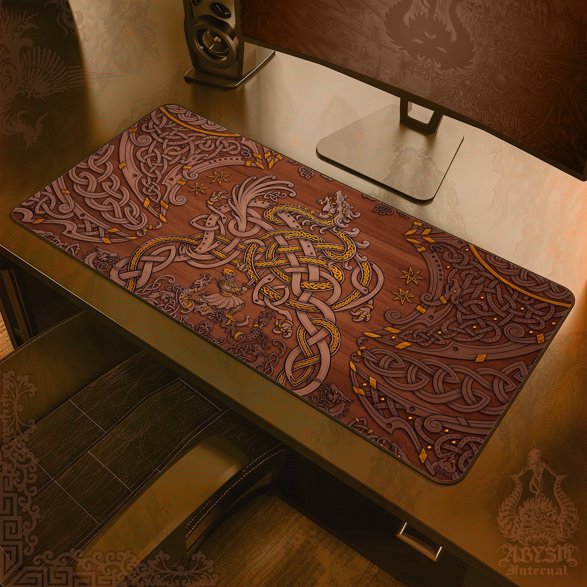 Viking Dragon Workpad, Norse Knotwork Desk Mat, Nordic Gaming Mouse Pad, Fafnir Table Protector Cover, Art Print - Wood - Abysm Internal