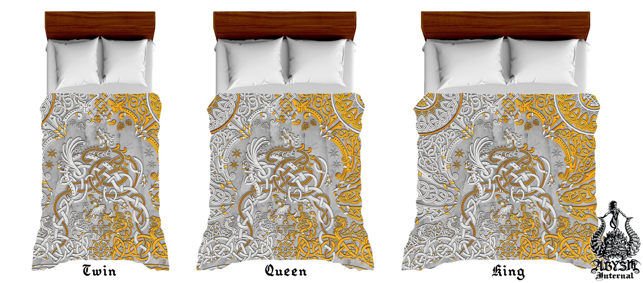Viking Duvet Cover, Bed Covering, Norse Comforter, Bedroom Decor, Nordic Art, Sigurd kills Dragon Fafnir, King, Queen & Twin Bedding Set - Stone White & Gold, 2 Colors - Abysm Internal