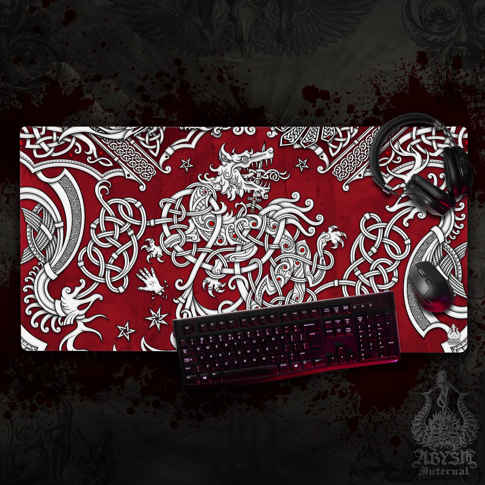 Viking Gaming Desk Mat, Fenrir Mouse Pad, Norse Knotwork Table Protector Cover, Nordic Wolf Workpad, Art Print - White, 3 Colors - Abysm Internal