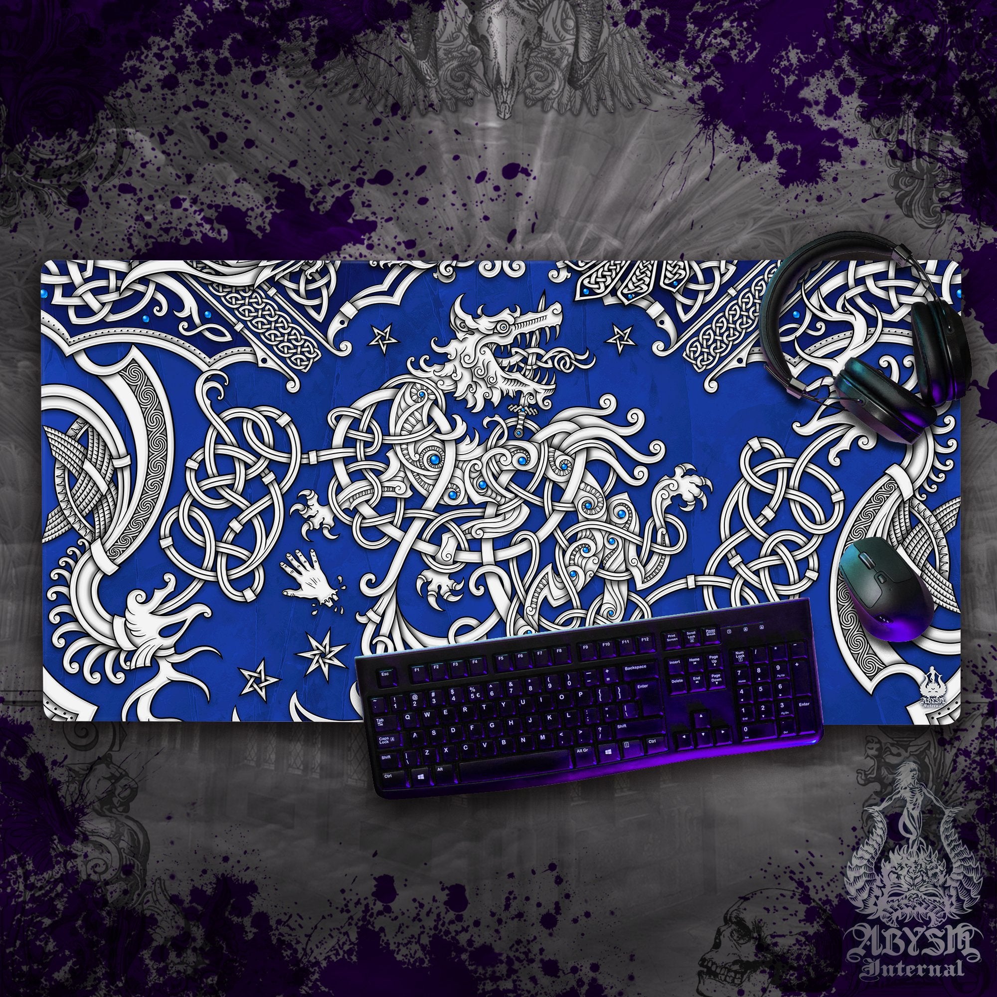 Viking Gaming Desk Mat, Fenrir Mouse Pad, Norse Knotwork Table Protector Cover, Nordic Wolf Workpad, Art Print - White, 3 Colors - Abysm Internal