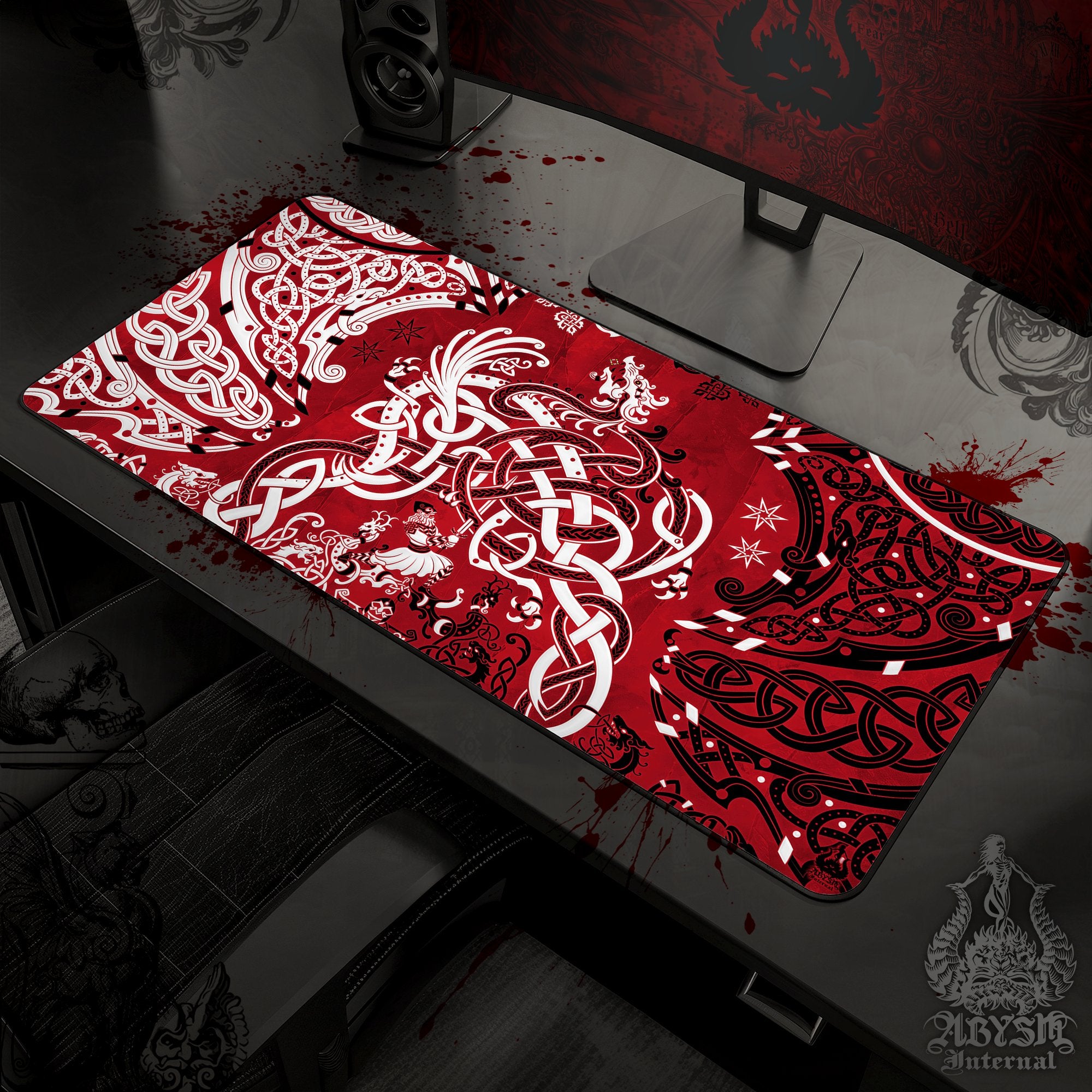 Viking Gaming Desk Mat, Norse Dragon Mouse Pad, Nordic Knotwork Table Protector Cover, Fafnir Workpad, Art Print - Bloody Red - Abysm Internal