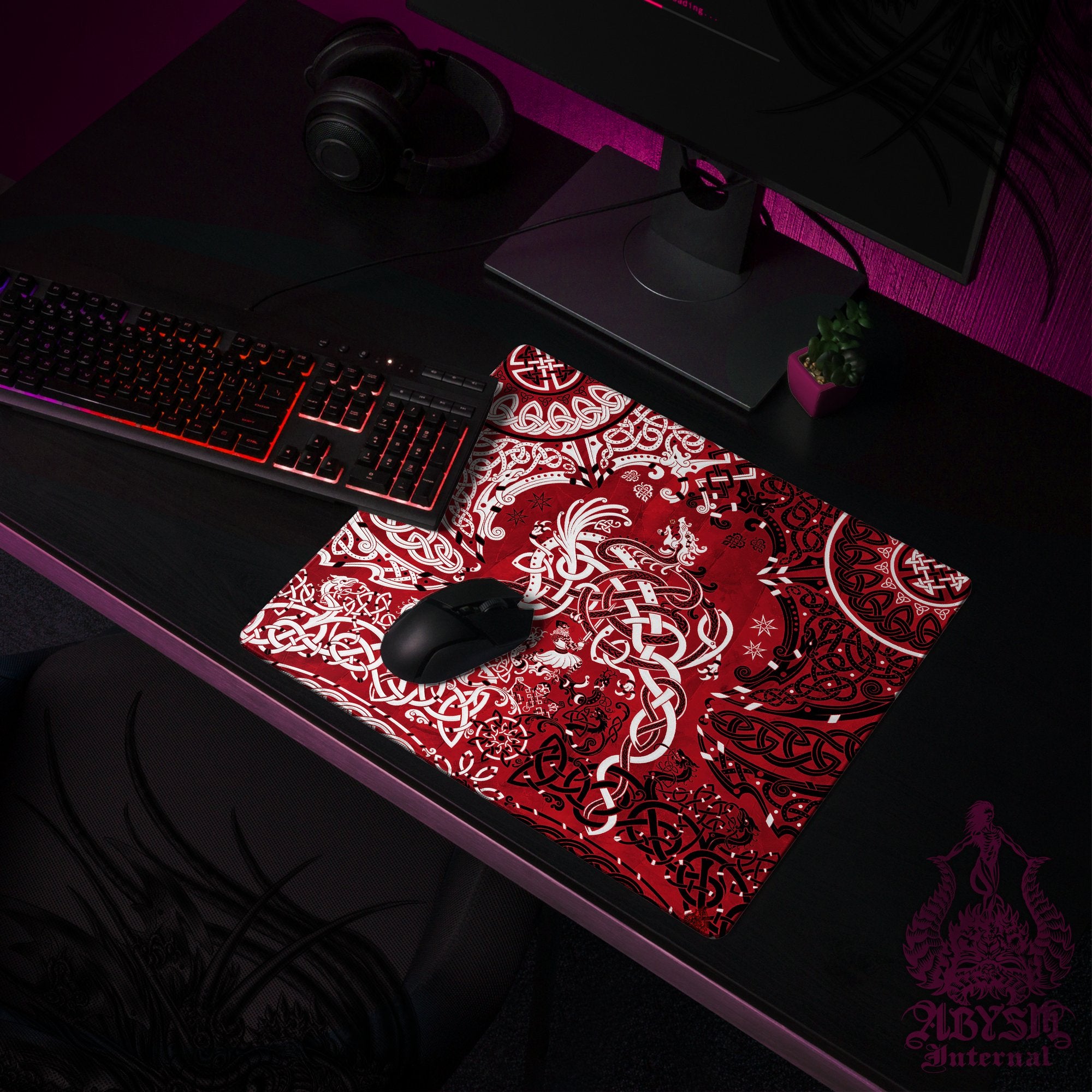Viking Gaming Desk Mat, Norse Dragon Mouse Pad, Nordic Knotwork Table Protector Cover, Fafnir Workpad, Art Print - Bloody Red - Abysm Internal
