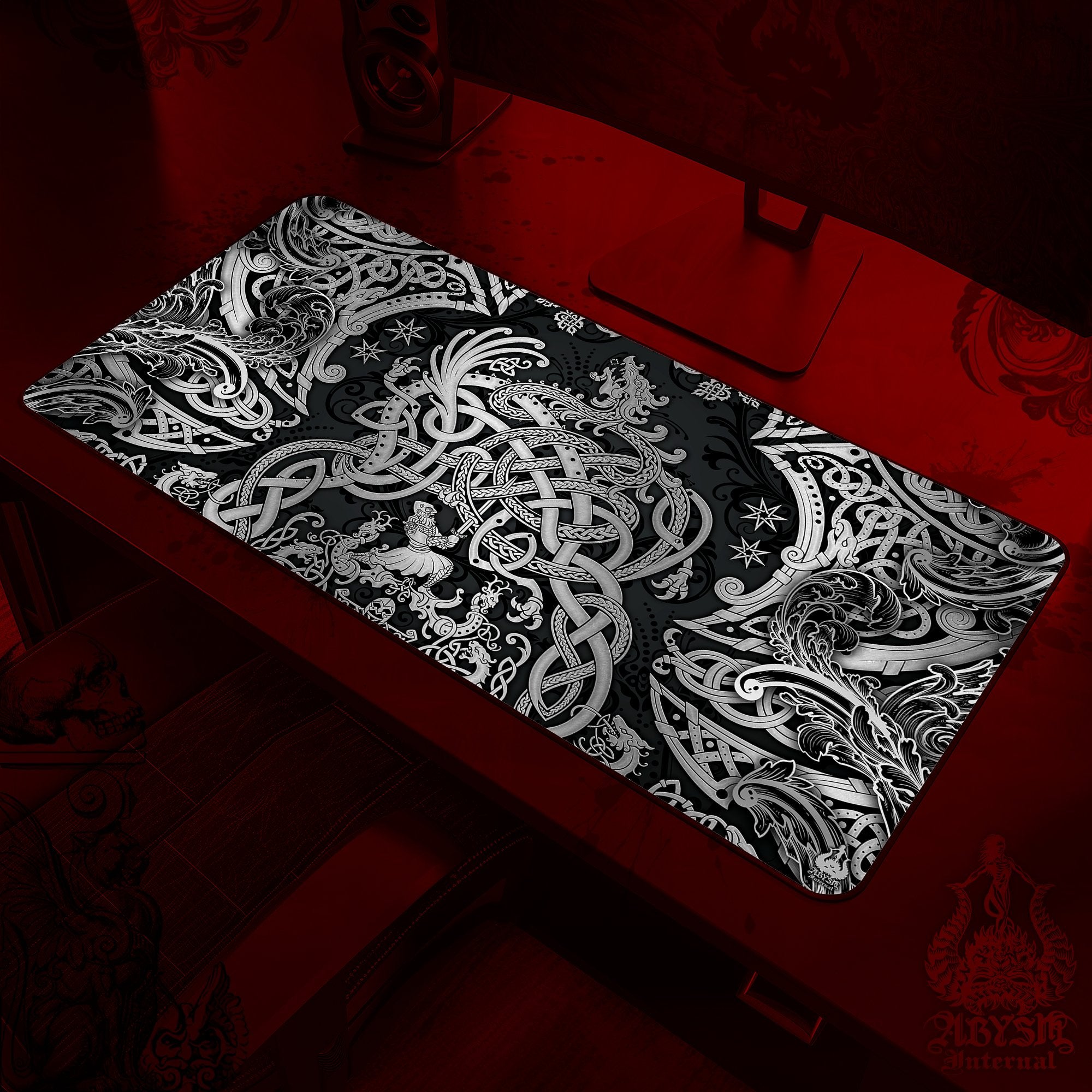 Viking Gaming Mouse Pad, Norse Dragon Desk Mat, Nordic Knotwork Table Protector Cover, Fafnir Workpad, Art Print - Dark - Abysm Internal